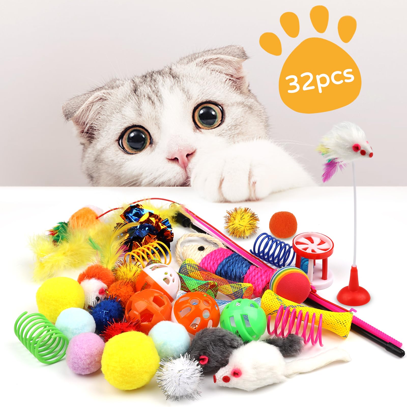 32 Pack Interactive Cat Toys Variety Set for Kittens - Includes Cat Wand, Crinkle Balls, Bell Balls, Spring Toys & Catnip Toys - Perfect for Indoor Cats and Playtime Fun
