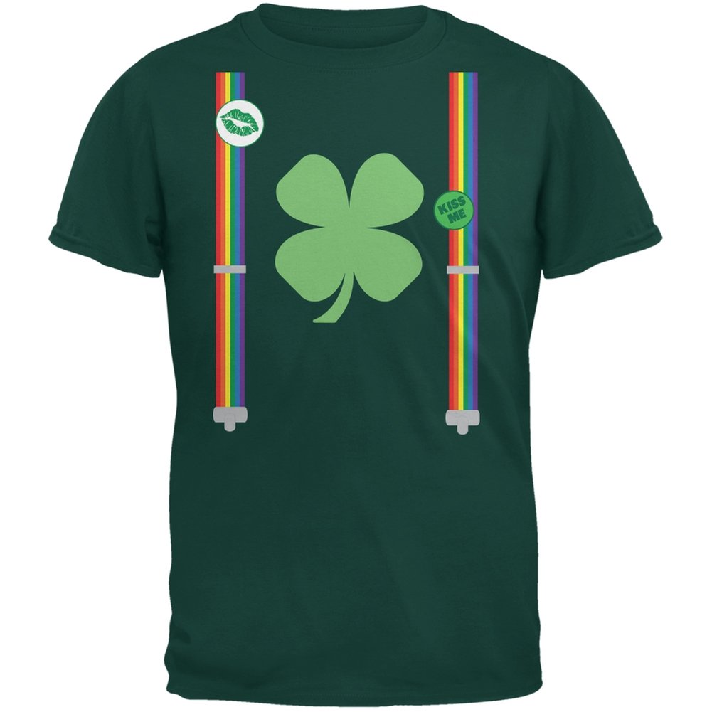 St. Patrick's Day Rainbow Suspenders - Forest Green Adult T-Shirt for Men & Women | Irish Pride, Leprechaun Costume & March 17 Celebration Outfit