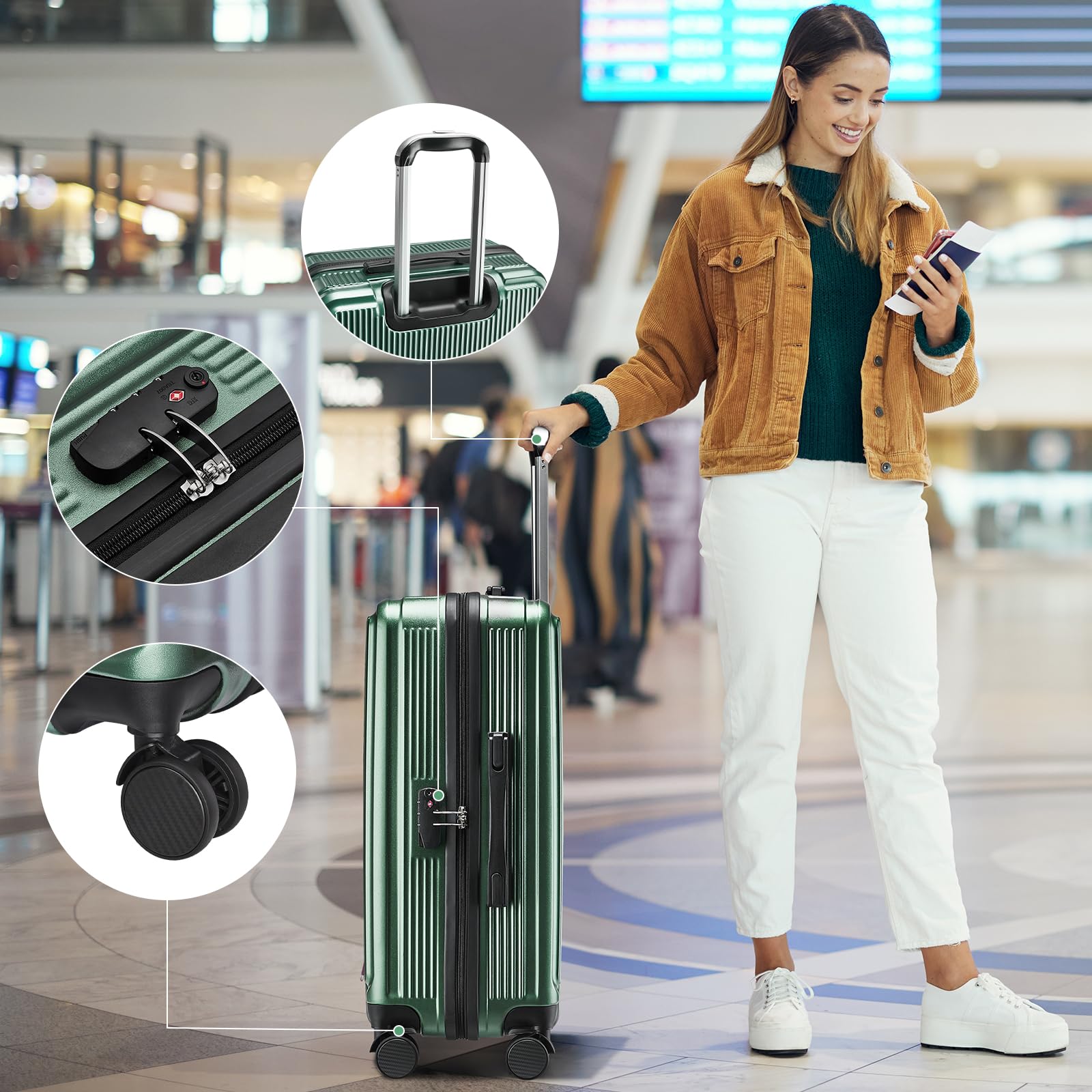 20 Inch Lightweight ABS Hardside Carry On Luggage with 360° Spinner Wheels & TSA Lock - Green Suitcase for Travel, Business Trips & Weekend Getaways