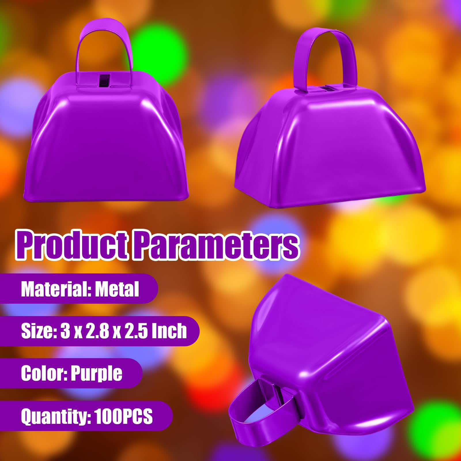 100-Piece Metal Cowbell with Handle - Loud Noise Makers for Sporting Events, Football Games & Weddings - 3 x 2.8 x 2.5 Inch Small Cow Bells (Purple) - Perfect for Cheering, Team Spirit & Celebration Events