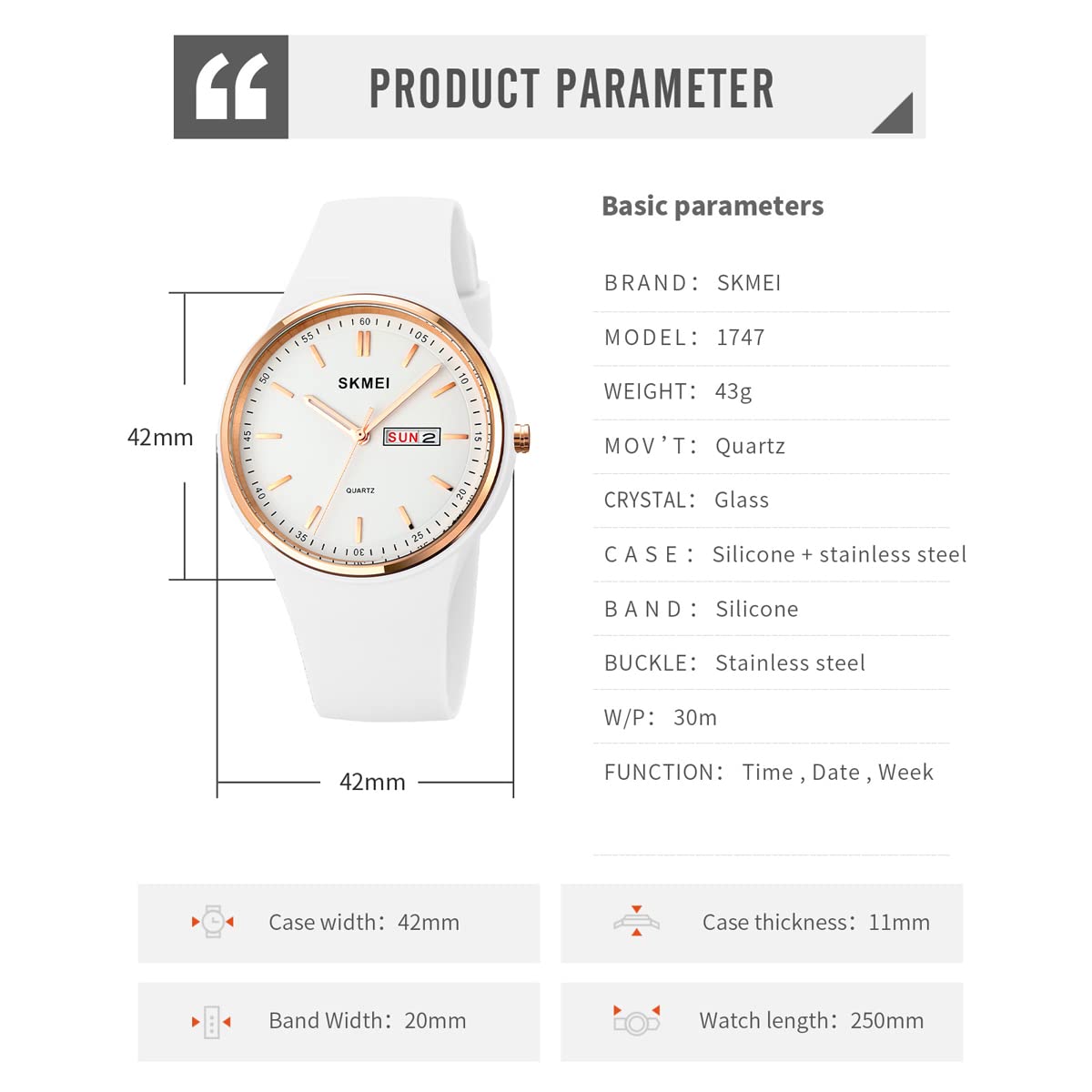 SKMEI Women's Sports Watch - Large Face, Waterproof, Silicone Band, Analog Quartz with Day & Date - Perfect for Running, Gym & Casual Wear - Ideal Gift for Girls & Young Women (White)