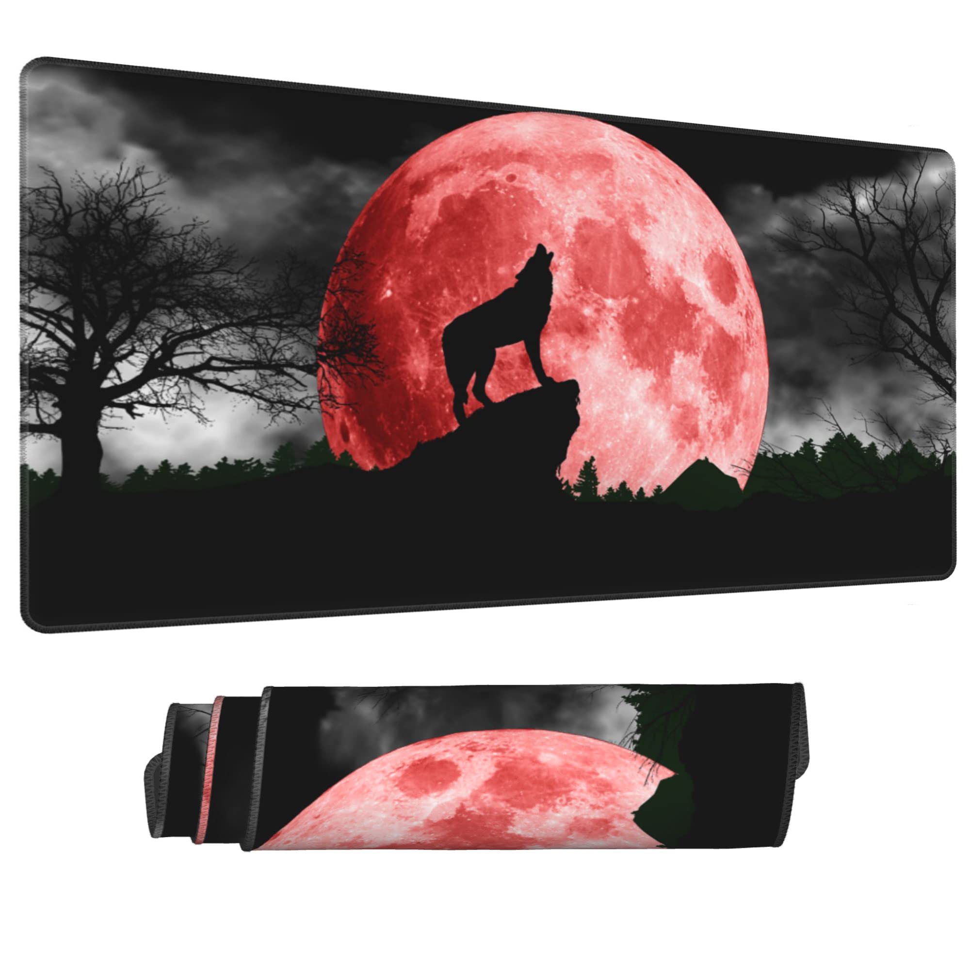 Premium Extended Gaming Mouse Pad - Wolf & Red Moon Design, Non-Slip Rubber Base with Stitched Edges (31.5