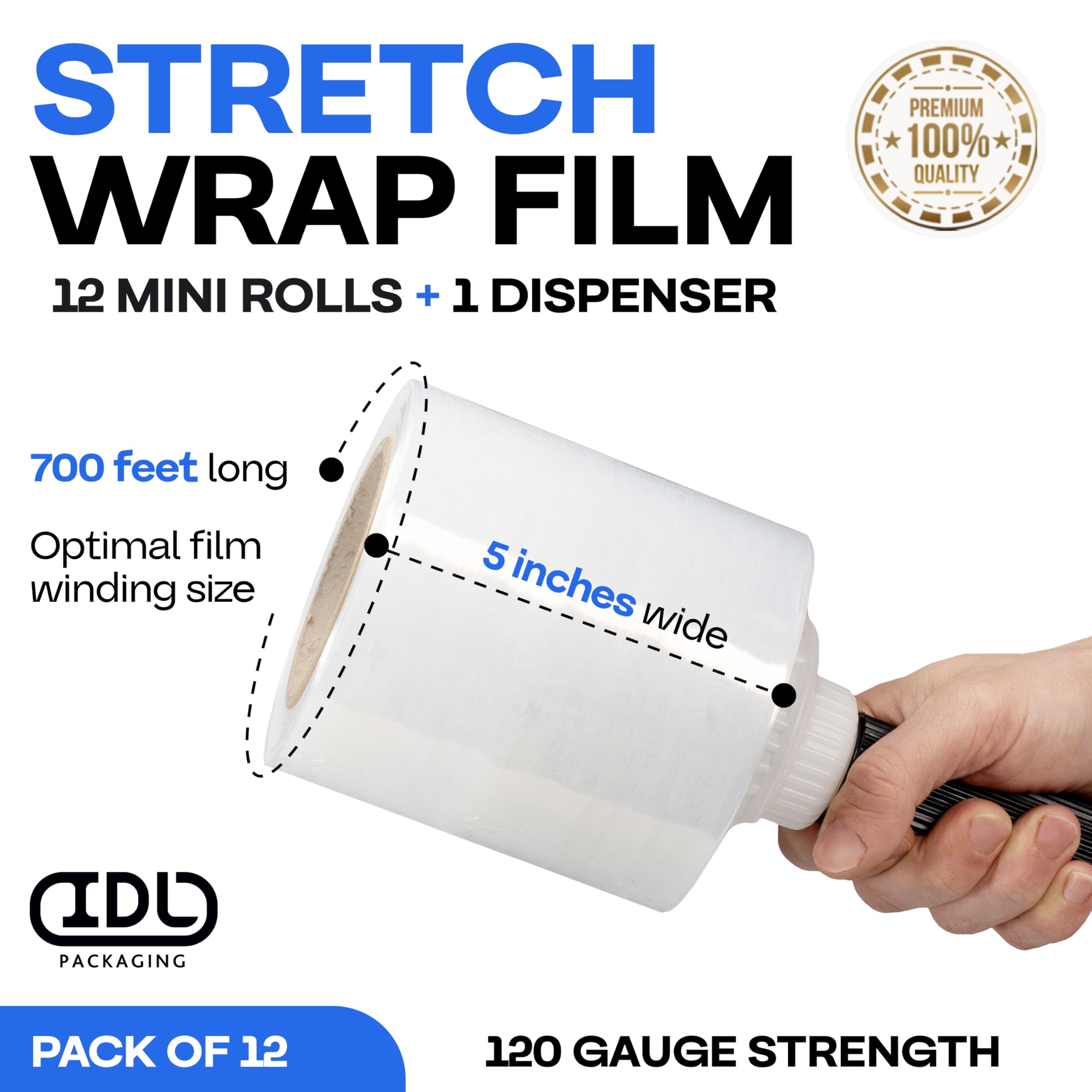 IDL Packaging 5 Inch Stretch Wrap Mini Roll - 700 Feet, 120 Gauge (12 Pack) with Plastic Handle - Heavy Duty Clear Pallet Wrap for Moving, Shipping & Storage - Secure Packaging for Boxes, Furniture & Office Supplies