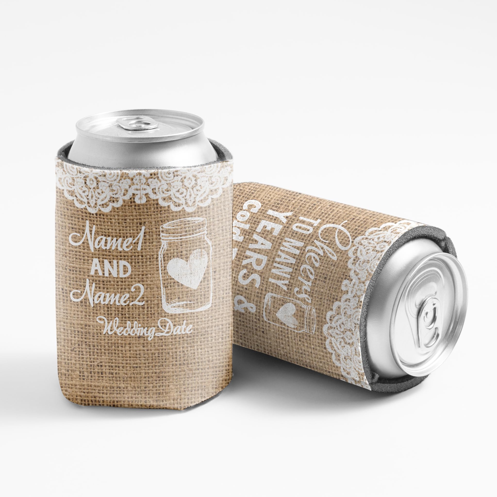 VictoryStore Custom Rustic Wedding Can Coolers - Cheers to Many Years & Cold Beers (Set of 50) - Perfect for Wedding Favors, Bridal Showers & Anniversary Parties