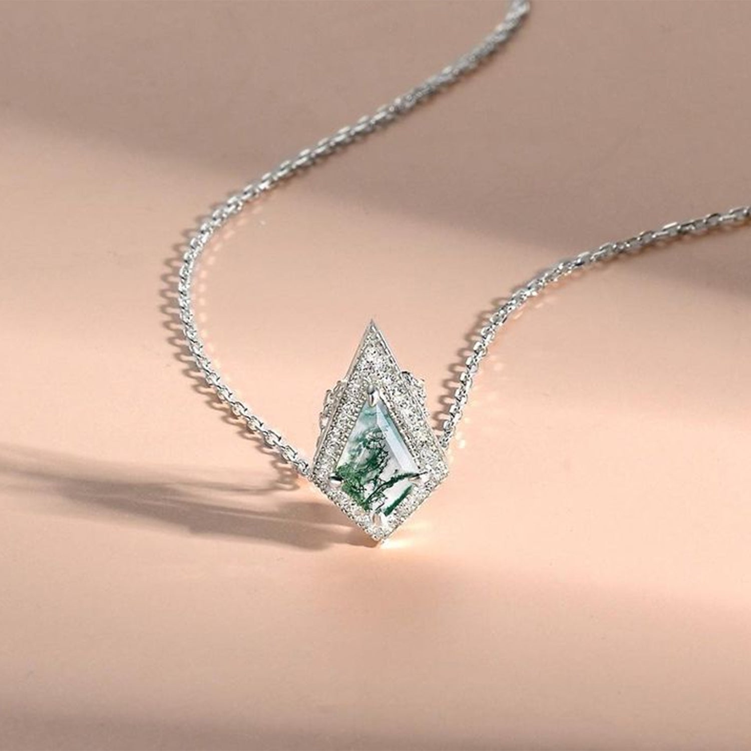1.5 Carat Moss Agate Geometric Halo Diamond Pendant Necklace - Elegant Statement Jewelry for Weddings, Anniversaries & Special Occasions