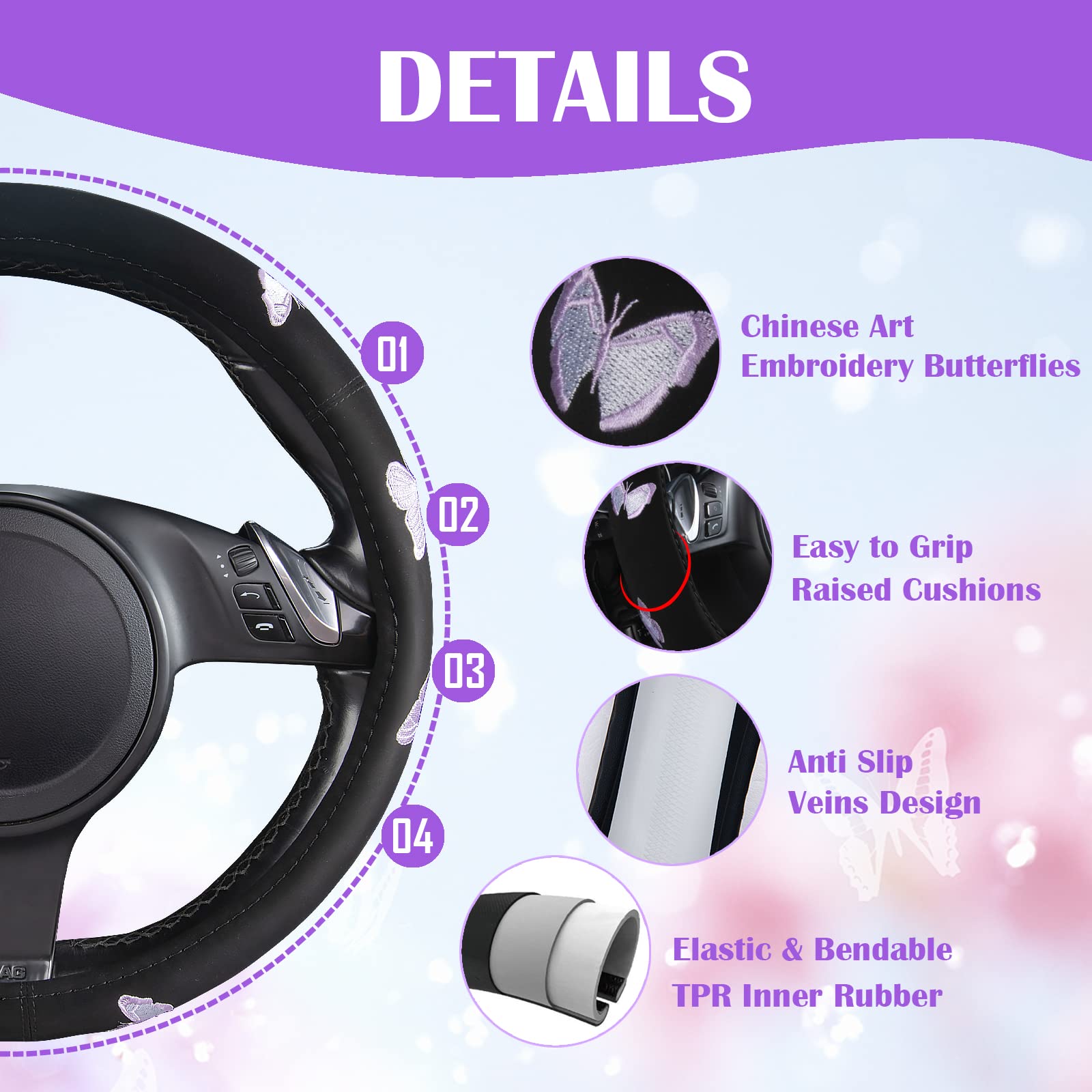 Car Pass Purple Embroidery Butterfly Steering Wheel Cover - Universal 15 Inch Car Wheel Cover for Women & Girls, Fits SUVs, Small Trucks, Sedans, Cars (Black & Purple) - Perfect for Commuting, Road Trips & Daily Driving