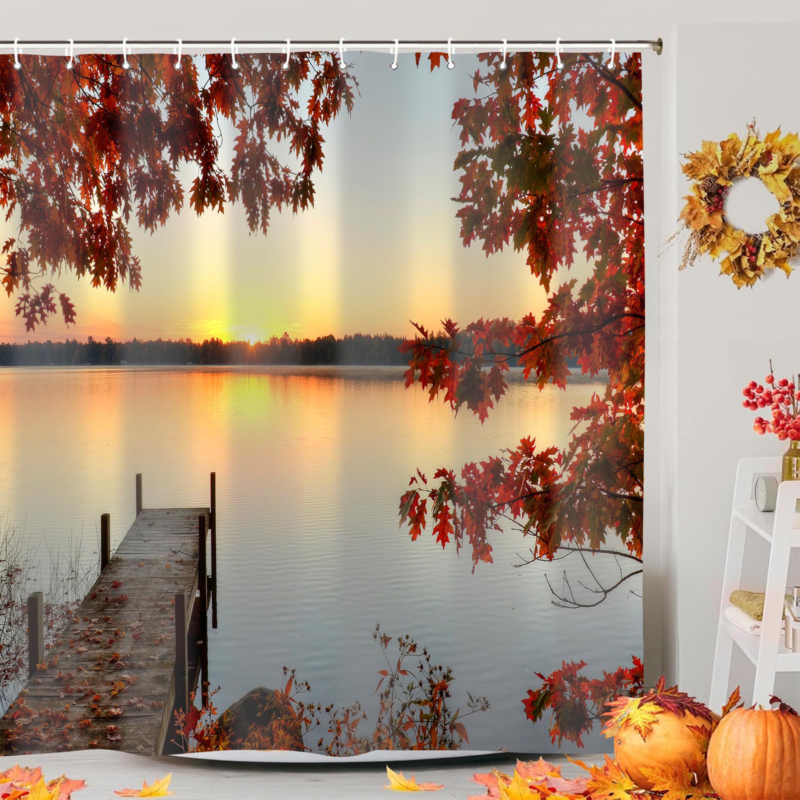 Autumn Maple Leaf Shower Curtain Set - 72x72 Inch Thanksgiving & Halloween Bathroom Decor with Hooks, Waterproof Fabric Bath Curtain for Fall Season | Perfect for Cozy Seasonal Home Decor