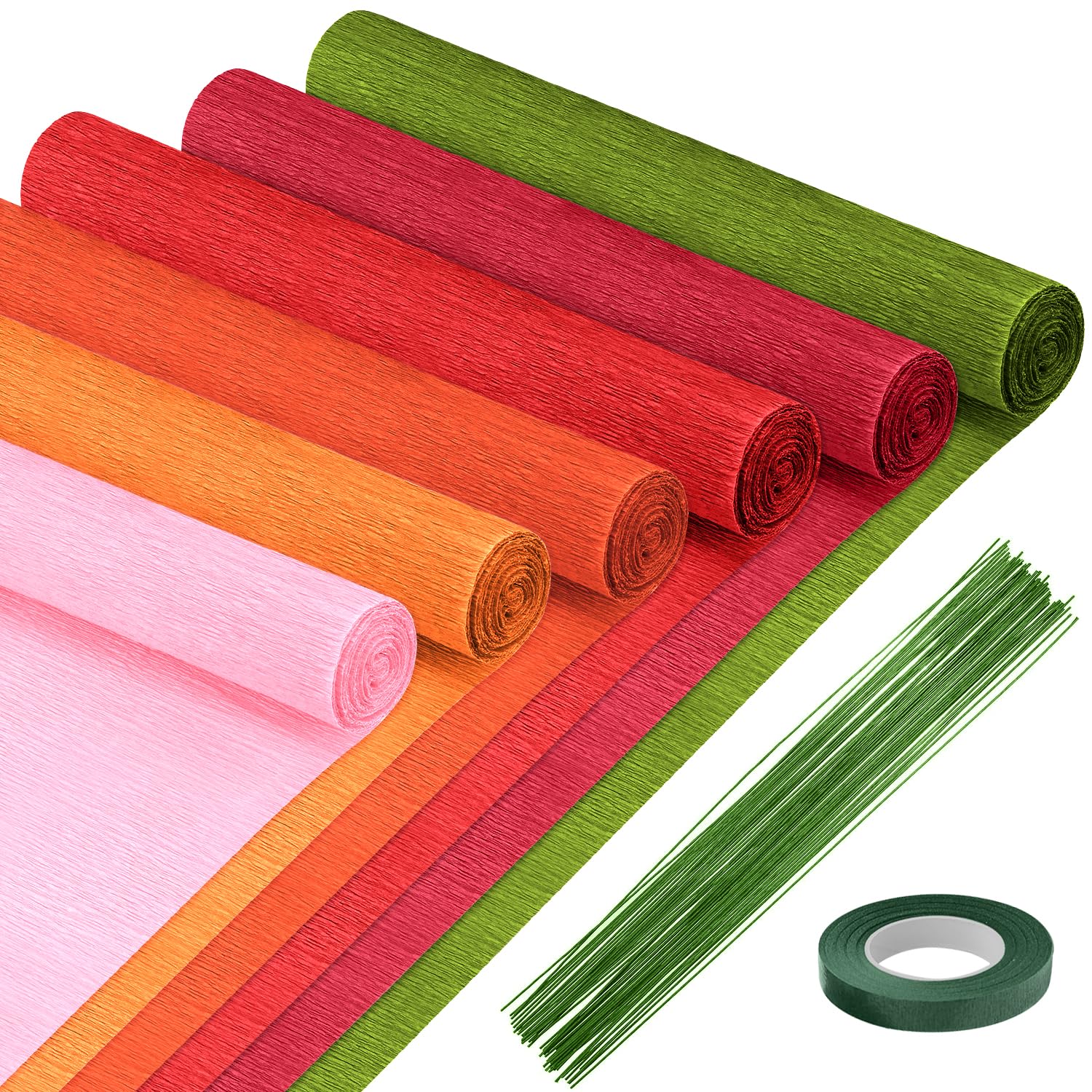 6 Rolls Red Crepe Paper Streamers (10 Inch Wide) - Floral Tape & Stem Wire Included - DIY Flower Making Kit for Weddings, Parties, Festivals & Home Decor Crafts
