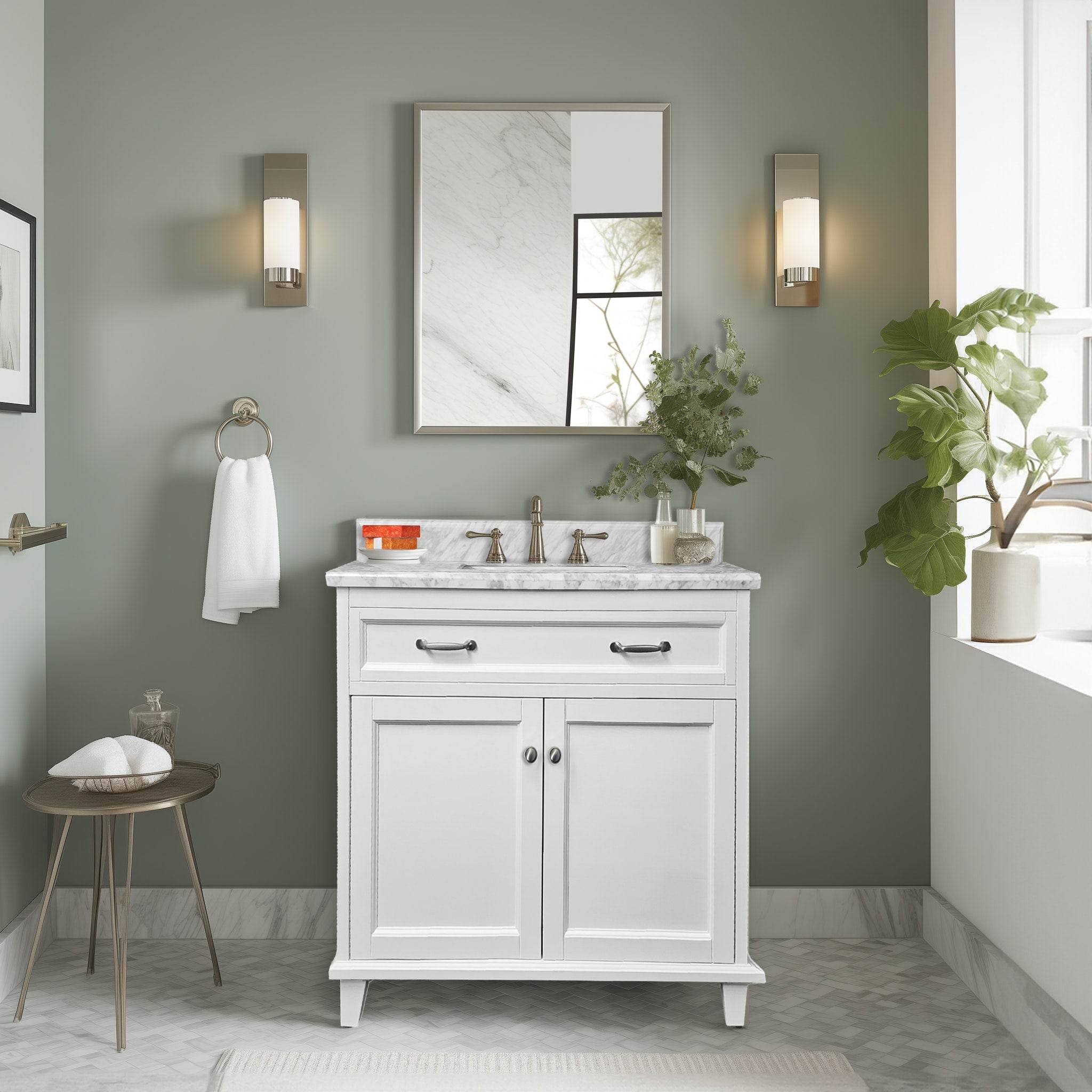 White Bathroom Vanity with Solid Wood Frame & Carrara Marble Top - 3 Size Options for Modern Bathroom Decor | Perfect for Master Bath, Guest Bath & Small Space Remodeling