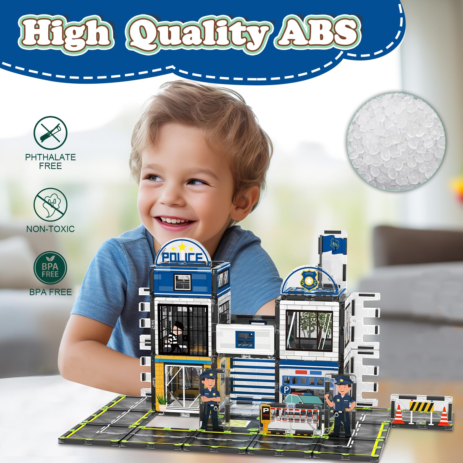 50PCS Magnetic Tiles - Police Station Theme STEM Building Blocks Set | Educational Magnet Toys for Kids Ages 3-10 | Perfect for Preschool Learning, Creative Play & Family Bonding Activities