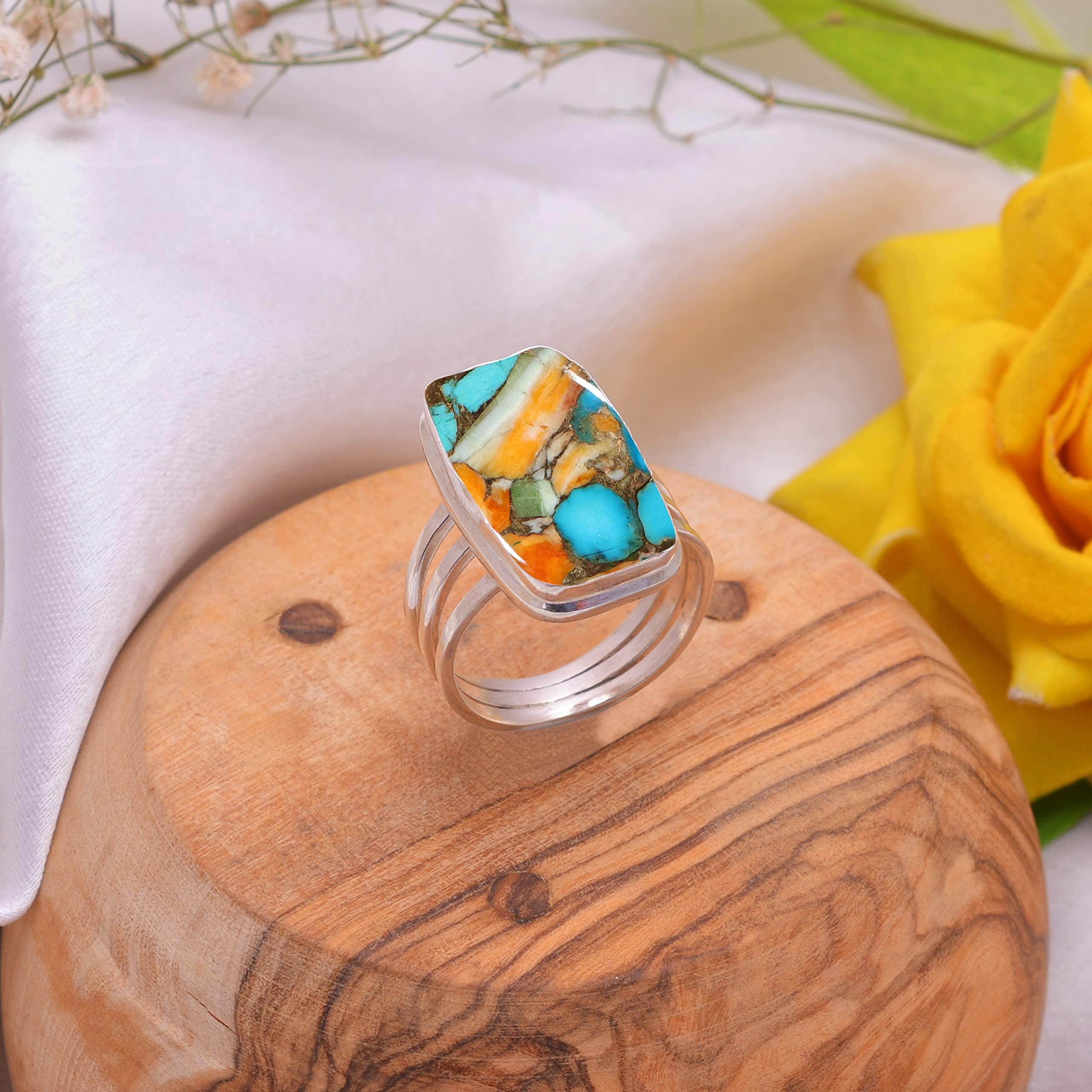 Veracity Jewelry 925 Sterling Silver Oyster Copper Turquoise Rings for Women - Kingman Mojave Mohave Spiny Oyster Healing Meditation Jewelry - Multi-Color Turquoise Ring (VSR-813) - Perfect for Boho Fashion, Spiritual Healing & Gift Giving