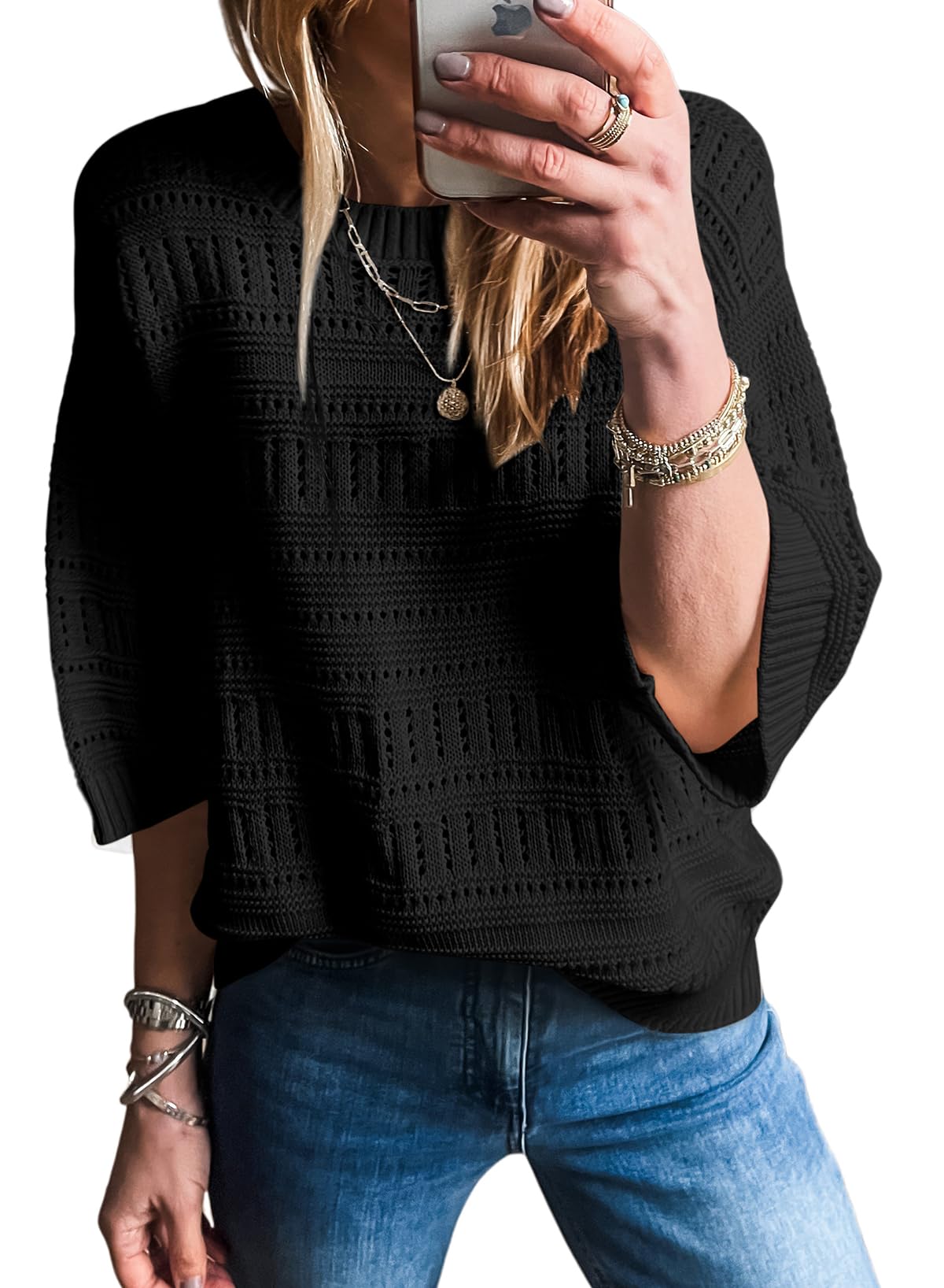 SHEWIN Women's Casual 3/4 Sleeve Oversized Tunic Sweater - Spring Tops for Women | Cozy Loungewear, Office Wear & Weekend Outfits