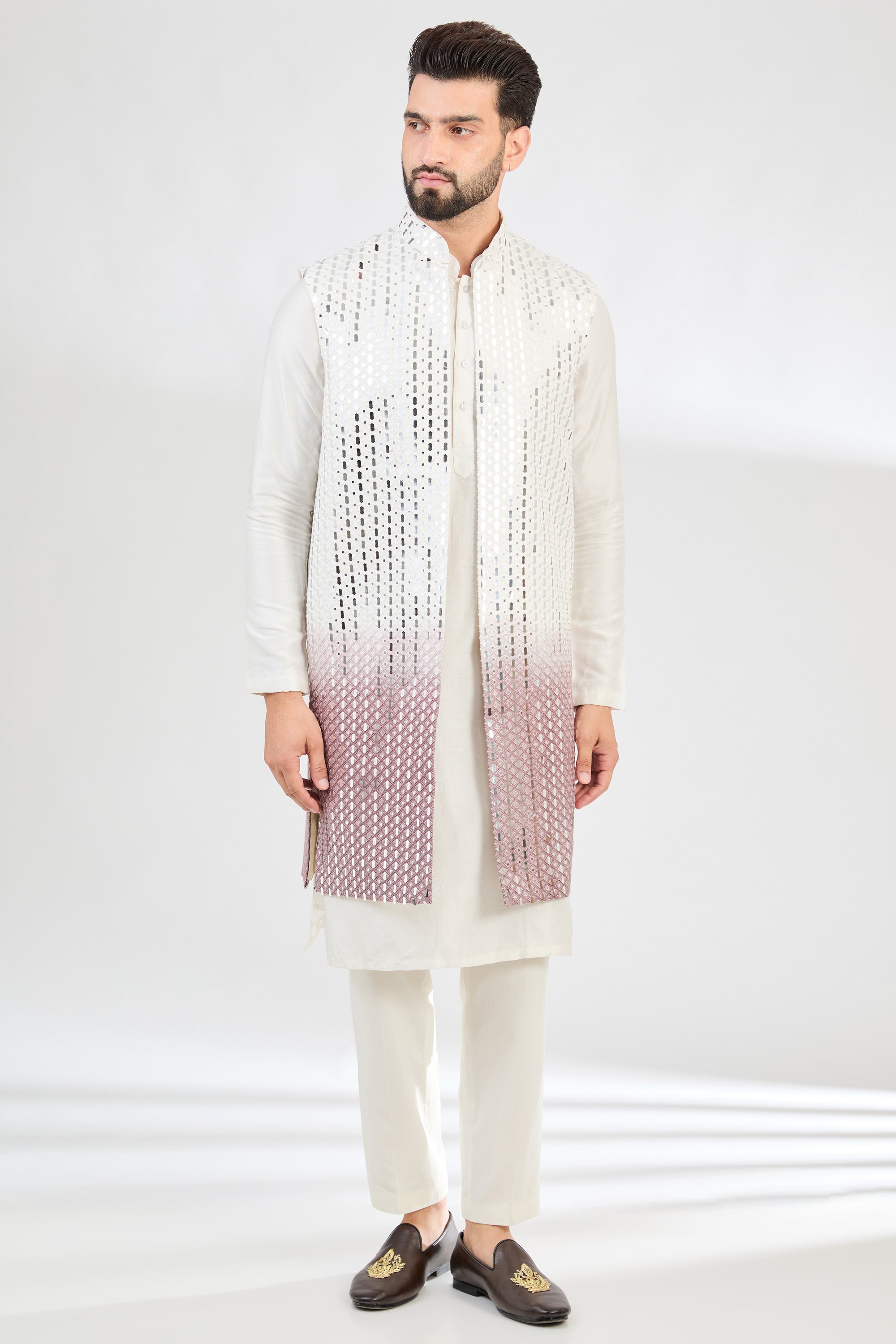 Ombre Shaded Long Mirror Work Shrug - Elegant Embroidered Bolero for Women - Perfect for Weddings, Parties & Evening Events