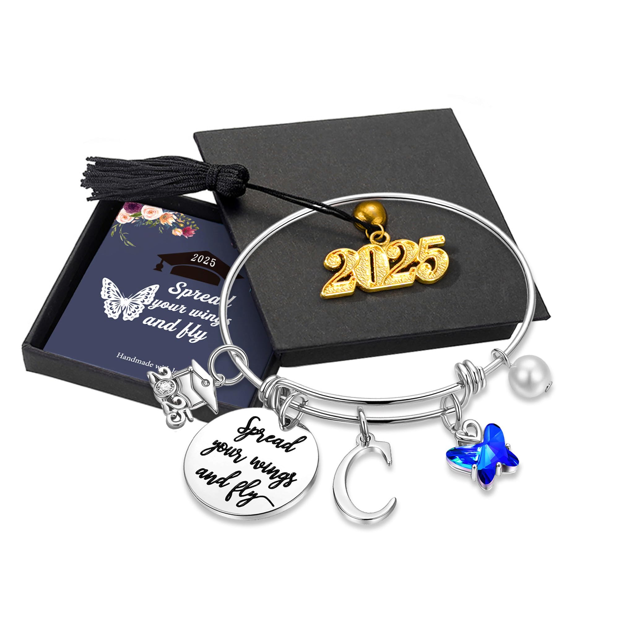 2025 Graduation Gifts for Women - Personalized Butterfly Initial Bracelet with Inspirational 'Spread Your Wings & Fly' Quote & Grad Cap Charm | Motivational Jewelry Gift for Her, Daughter, Sister | Perfect for Graduation Ceremonies, Parties & Special Occasions