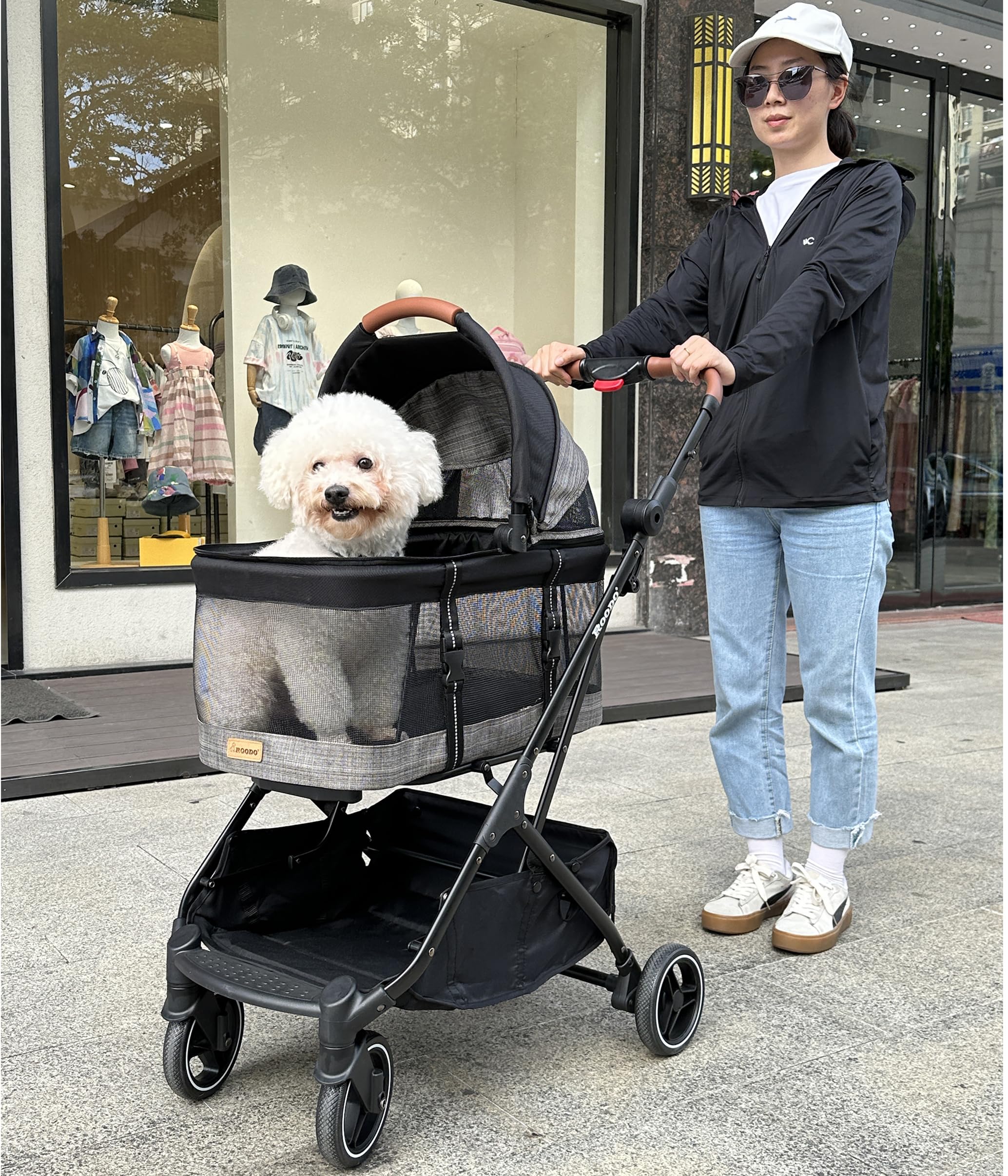 ROODO 3-in-1 Pet Stroller for Dogs & Cats up to 30 lbs - Lightweight Folding Travel Carrier with Detachable Car Seat - All-Terrain Puppy Stroller in Grey Lattice | Perfect for Vet Visits, Shopping Trips & Outdoor Adventures