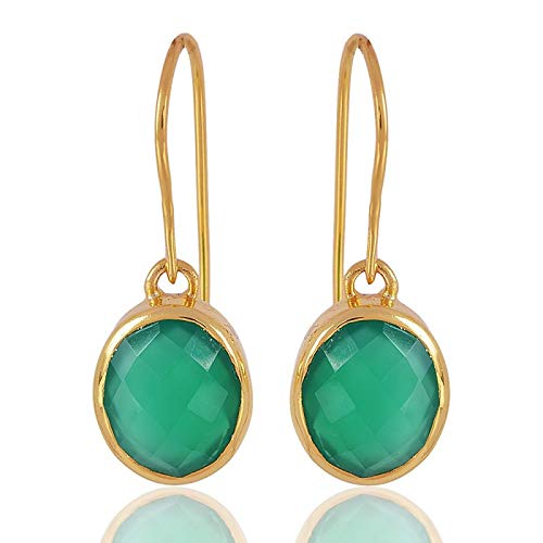 925 Sterling Silver Green Onyx Dangle Earrings for Women - 18K Yellow Gold Plated, Bezel Set Oval Gemstone, Hypoallergenic Minimalist Jewelry | Perfect Mothers Day Gift, Wedding Accessories & Everyday Elegant Wear