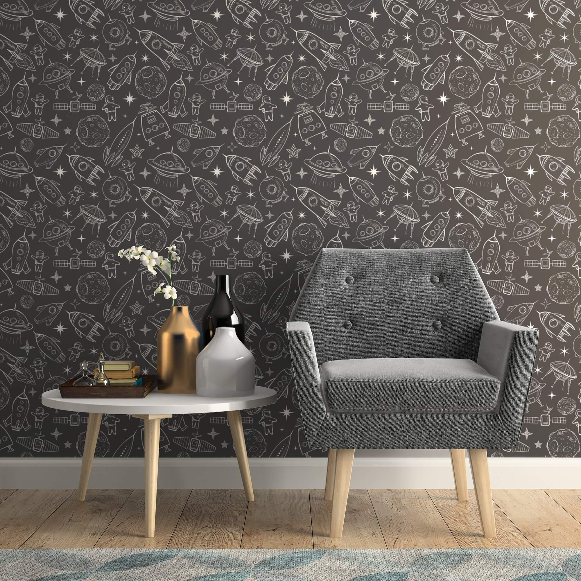 Gray Space Themed Peel and Stick Removable Wallpaper for Kids - Easy DIY Nursery, Bedroom & Playroom Decor - Self-Adhesive Wall Mural for Boys and Girls (Design 8684) - Perfect for Space-Themed Birthday Parties and Kids Room Makeovers