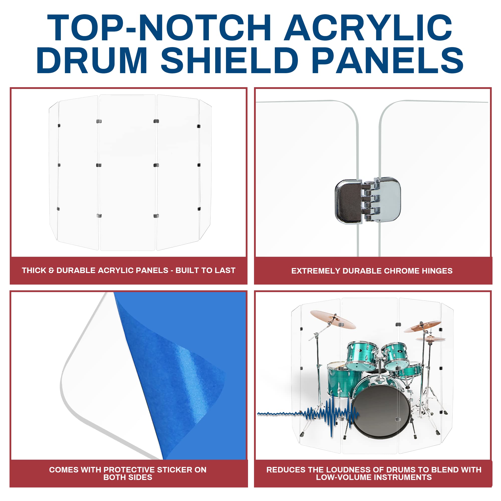 6ft Premium Clear Acrylic Drum Shield with Chrome Hinges - Includes 5 Drum Panels & Soundproof Screen - Perfect for Live Performances, Studio Recording, and Drum Practice