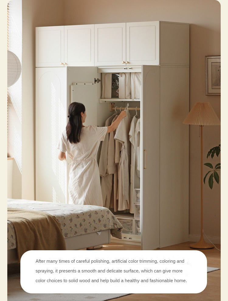 French Cream Pine Solid Wood Wardrobe - Elegant Vintage Closet for Bedroom, Living Room & Guest Room Storage