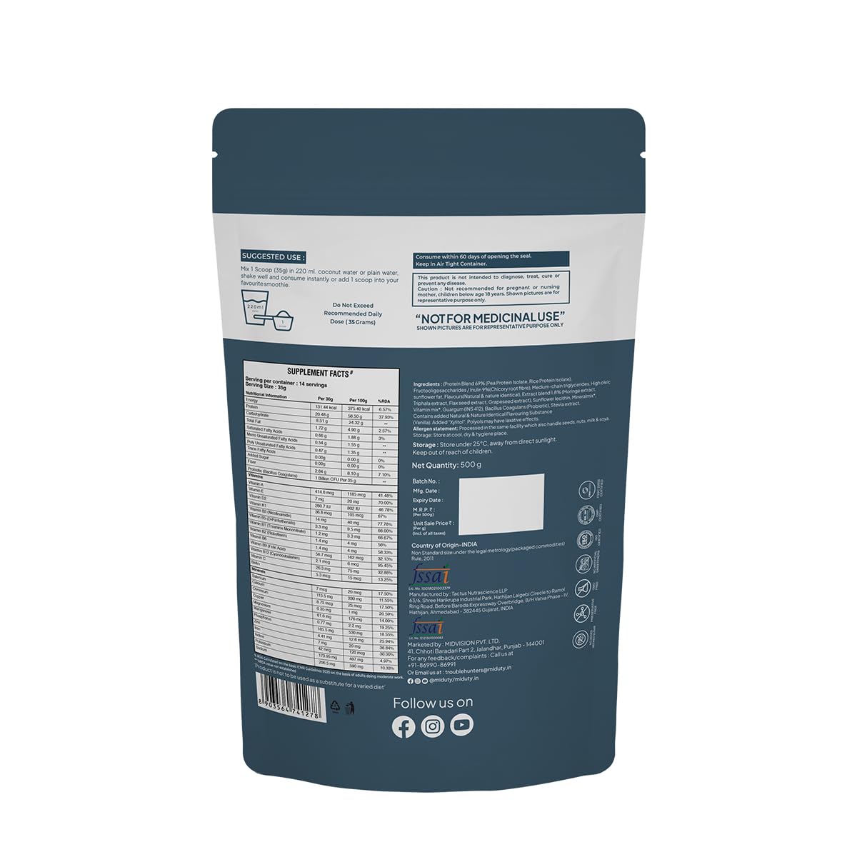 Miduty by Palak Notes ShapeME Up Plant Protein Powder - Vanilla Flavor with 1 Billion Probiotics | Vegan Protein Shake for Lean Weight Loss & Effective Weight Management (500g) | Perfect for Post-Workout Recovery & Healthy Meal Replacement