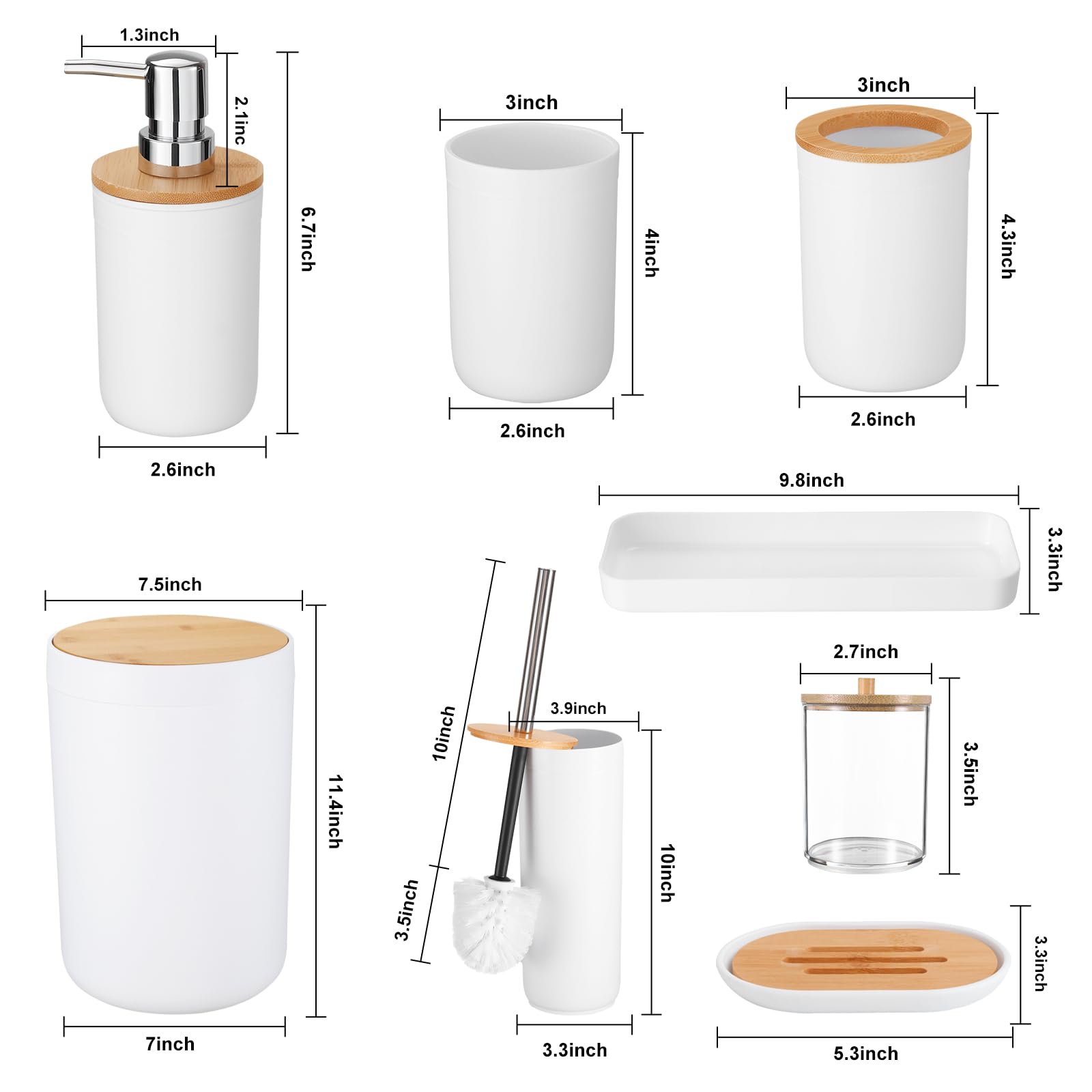 Premium 8-Piece Bathroom Accessories Set - Wooden Trash Can, Toilet Brush, Toothbrush Holder, Soap Dispenser, Soap Dish, Toothbrush Cup & Q-Tip Holder (White Wood Cover) - Perfect for Modern Bathrooms, Guest Suites & Spa-Style Decor