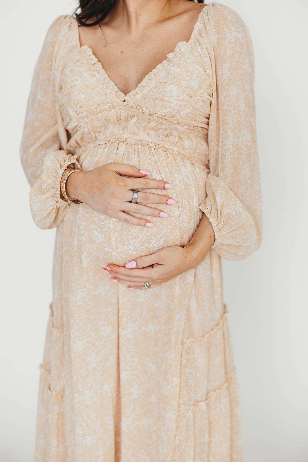 Daphne Long Sleeve Maxi Dress - Light Beige/White Floral Print | Bump Friendly Maternity & Inclusive Sizing (XS-3XL) | Perfect for Pregnancy, Weddings & Special Occasions