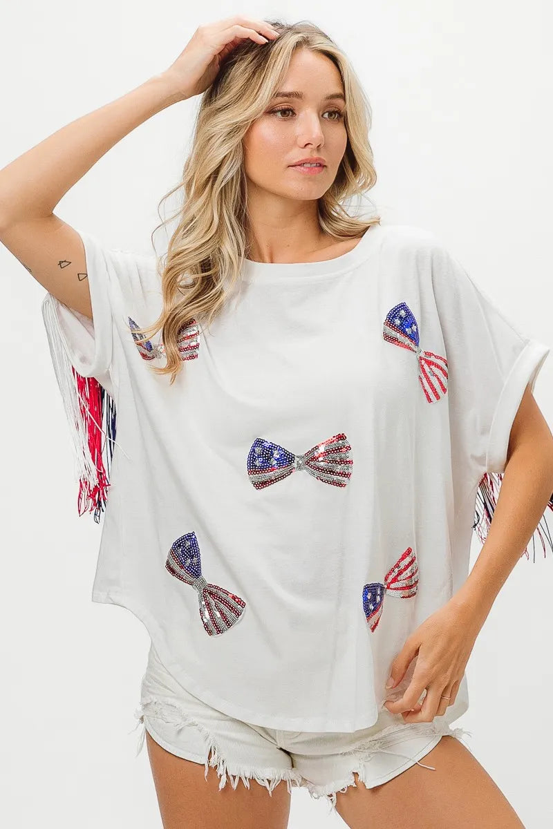 BiBi Patriotic American Flag Sequin Ribbon T-Shirt - Stylish USA Pride Top for Women, Perfect for 4th of July, Memorial Day & Independence Day Celebrations