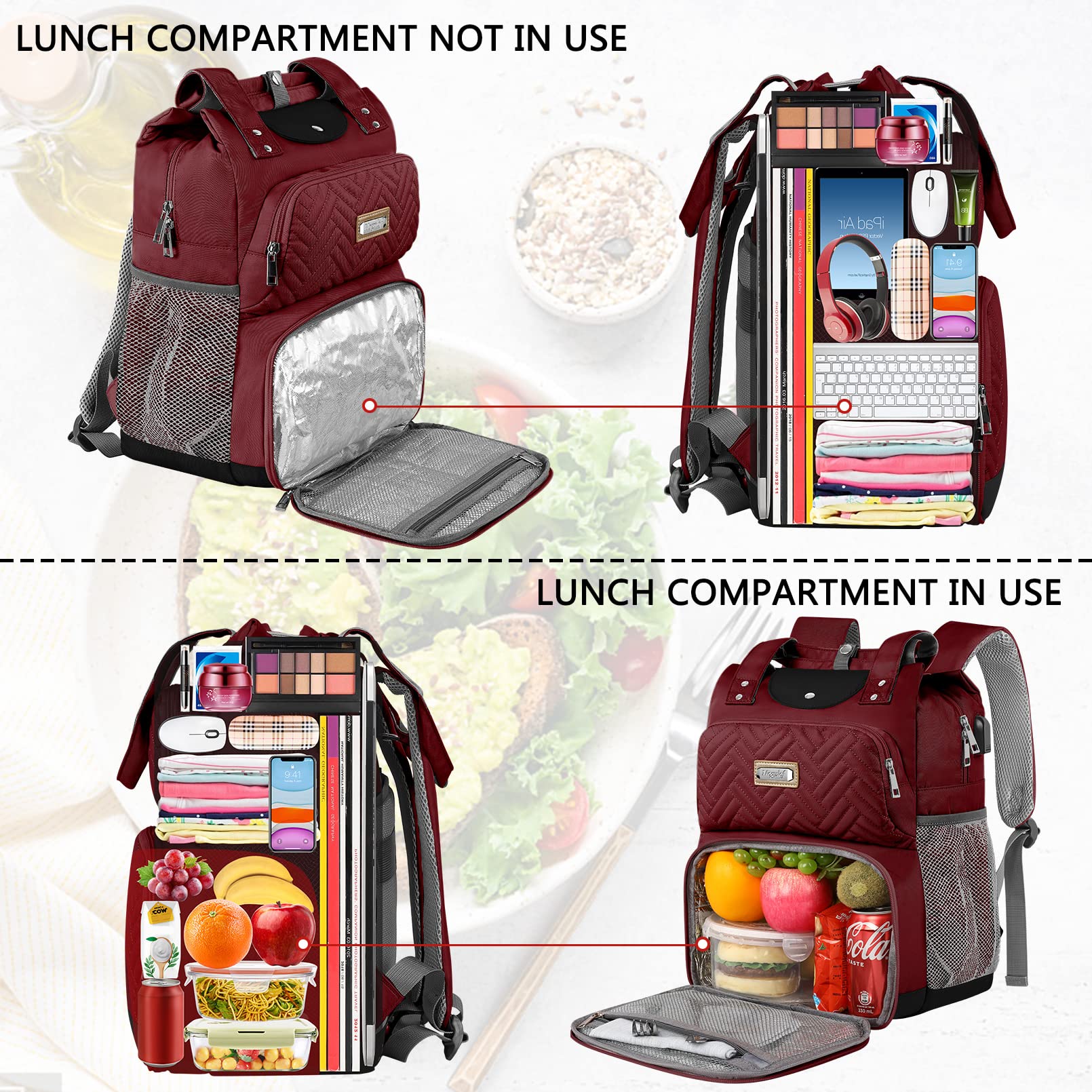 Mogplof Insulated Lunch Backpack for Women - Water-resistant Cooler Backpack with USB Port & RFID Pockets, Fits 15.6 Inch Laptop, Red - Perfect for College, Nurse Work, Travel, and Outdoor Adventures