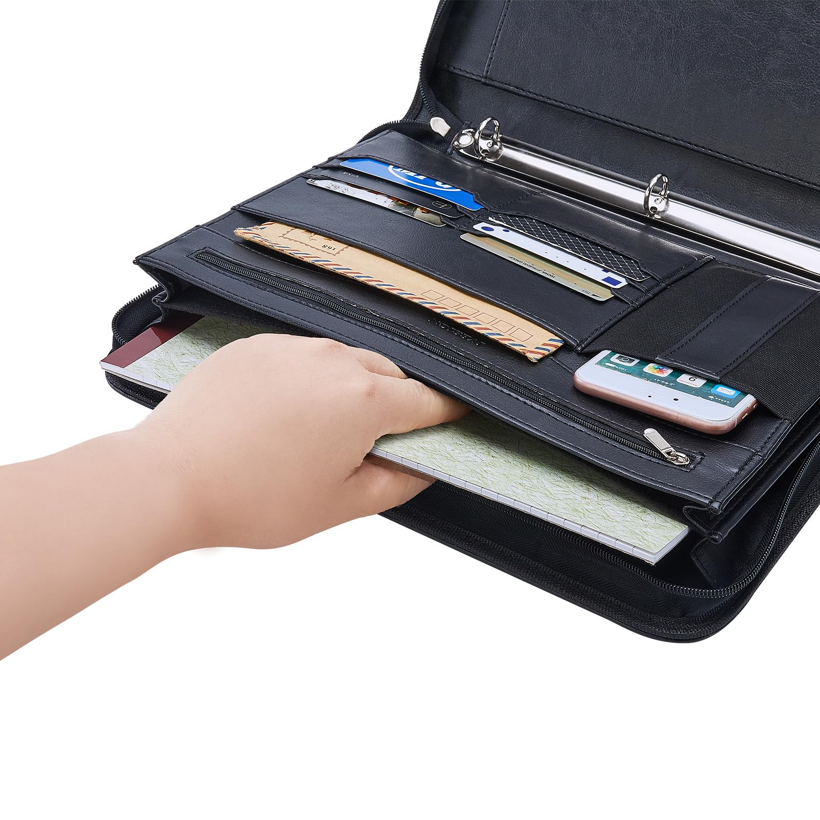 IVESIGN Zippered Padfolio Binder - Faux Leather 3-Ring Organizer with Business Card Slots & Document Folders | Left-Handed Design for Professionals | Perfect for Office, Meetings & Business Travel (Black)