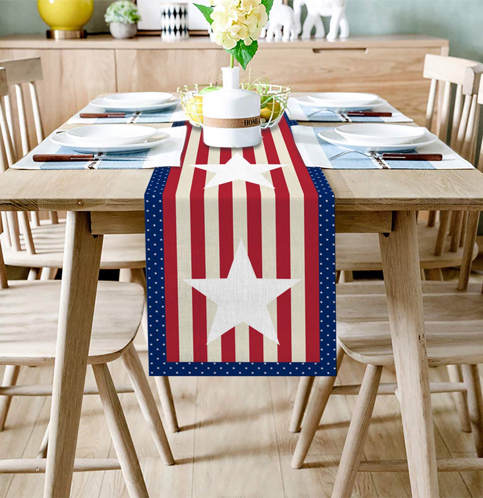 4th of July Patriotic Table Runner - 13x70 Inch USA Flag Stripes Stars Design for Dining Table, Farmhouse Kitchen Decor, Holiday Dinner Party Decoration | Perfect for Independence Day Celebrations, BBQ Gatherings & Festive Home Decor