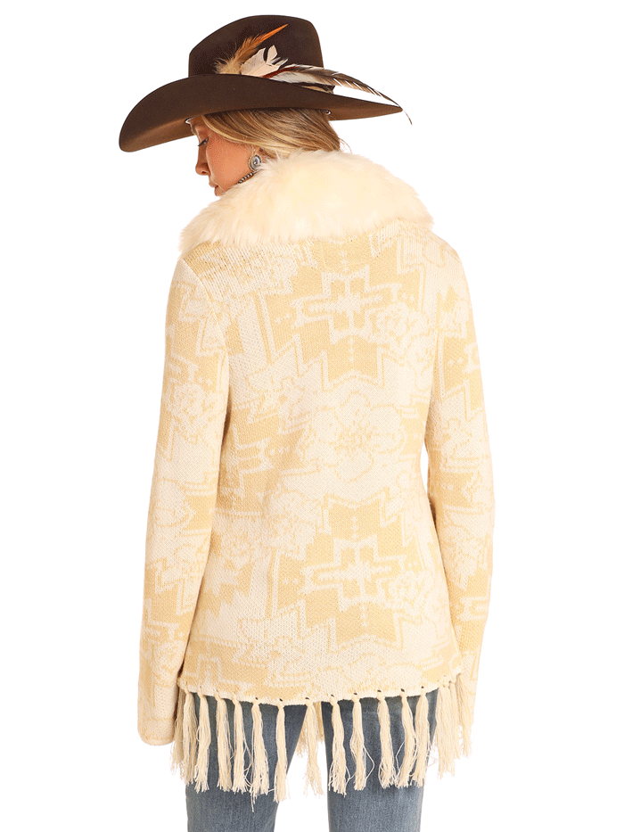 Panhandle DW95C04145 Women's Aztec Fringe Cardigan Sweater - Natural Color Boho Chic Knitwear for Fall & Winter | Perfect for Casual Outfits, Music Festivals, and Layering