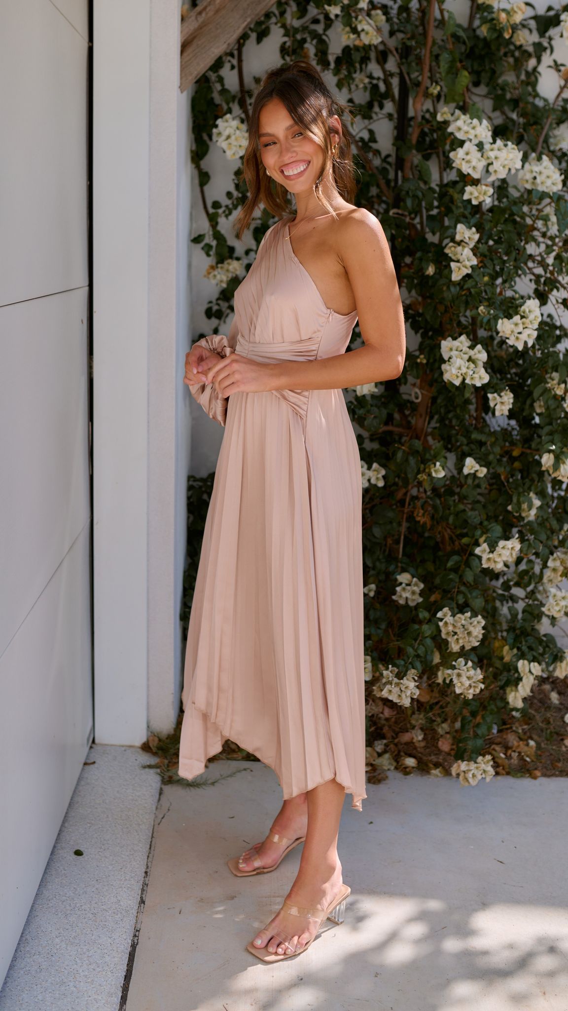 Elegant Brooklyn One Shoulder Midi Dress in Champagne - Perfect for Cocktail Parties, Date Nights & Summer Weddings