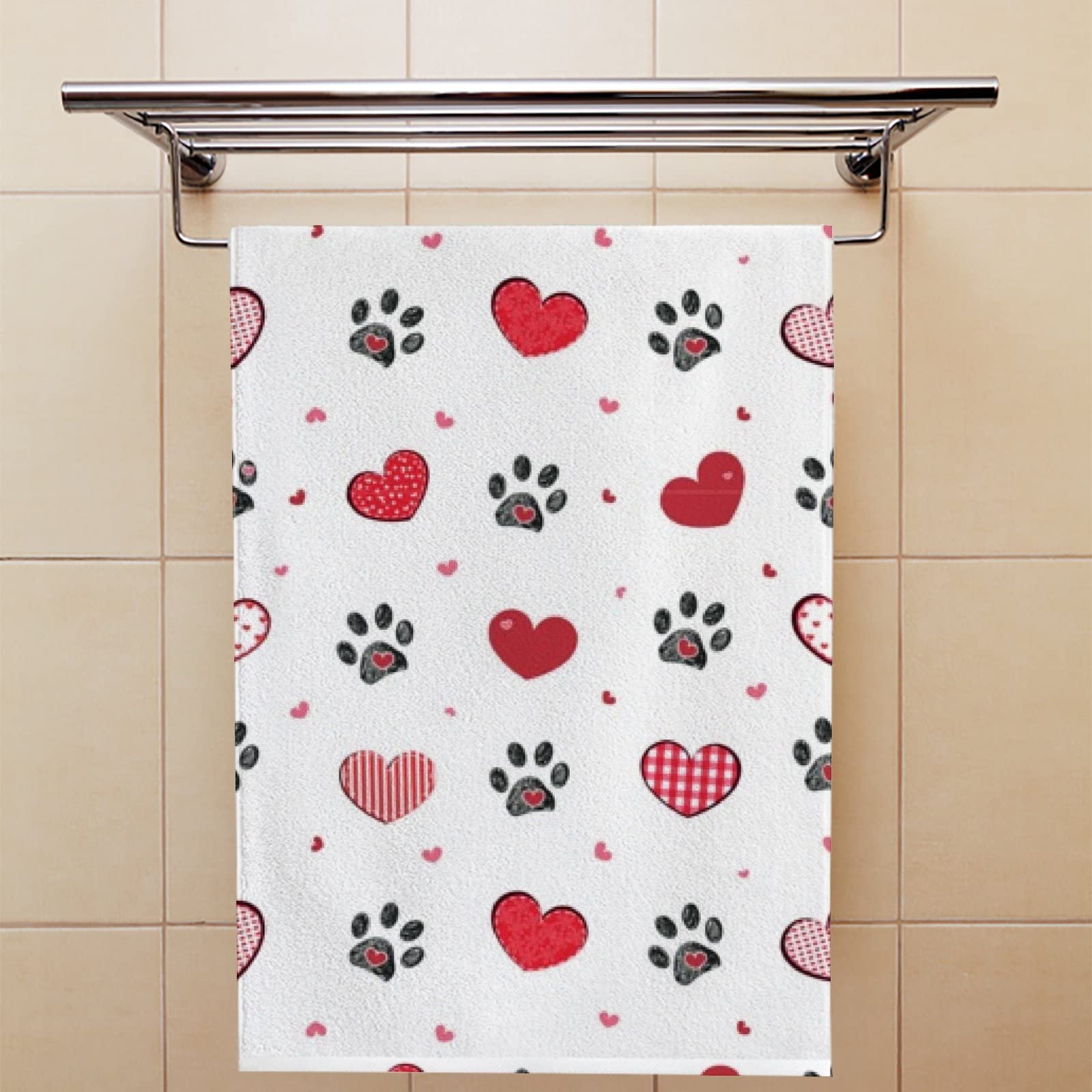 **XOLLAR 2-Pack Black Paw & Red Hearts Hand Bath Towels - Super Absorbent, Soft & Quick-Drying (30”x15”) for Bathroom, Kitchen, Gym & Spa - Perfect for Hair & Body Drying After Shower or Workout**