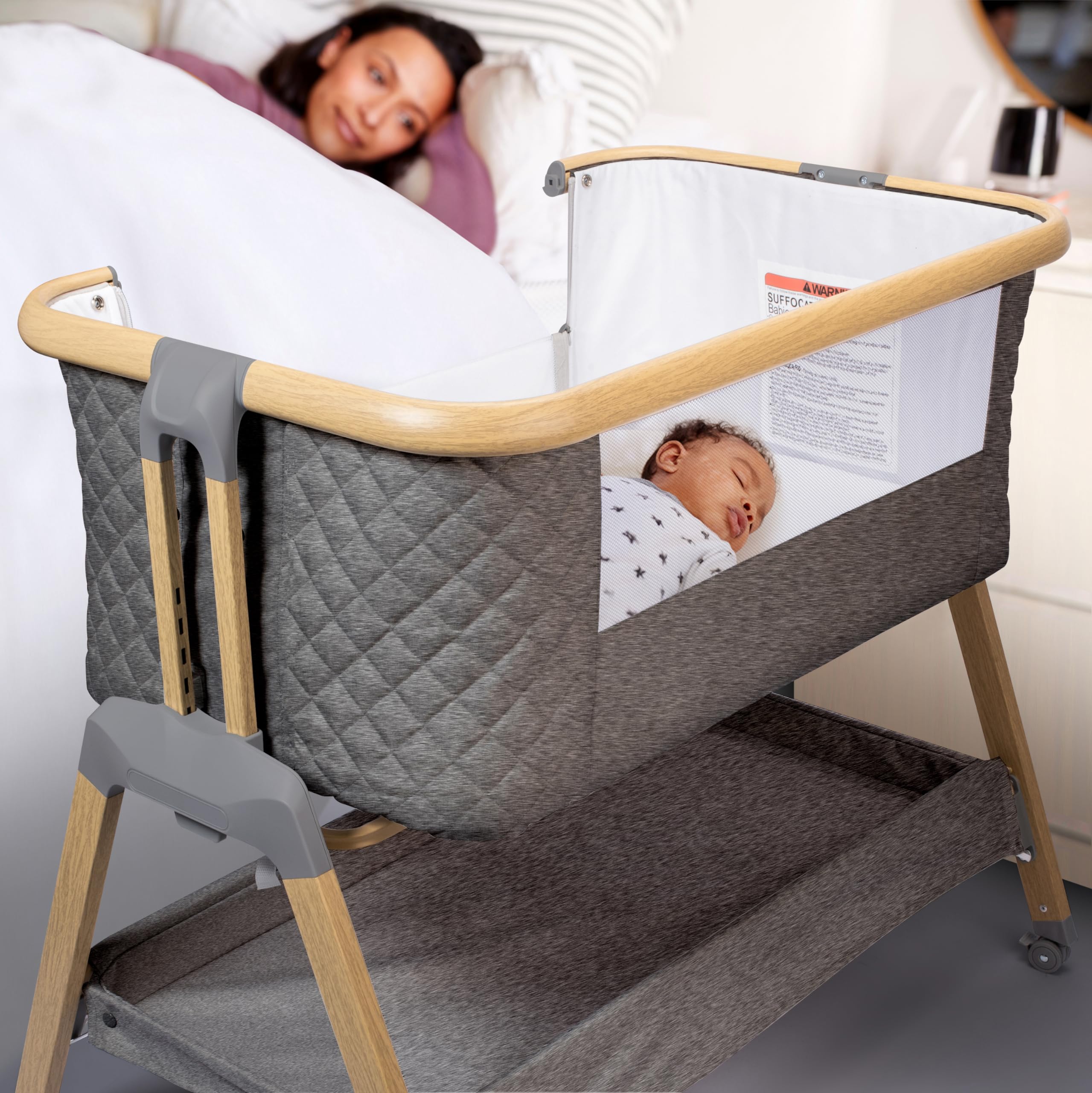 3 in 1 Portable Baby Bassinet with Wheels - Adjustable Bedside Sleeper Crib for Newborns & Infants with 7 Height Settings, Foam Mattress & Storage Basket | Includes Carry Bag | Perfect for Nursery, Bedroom & Travel