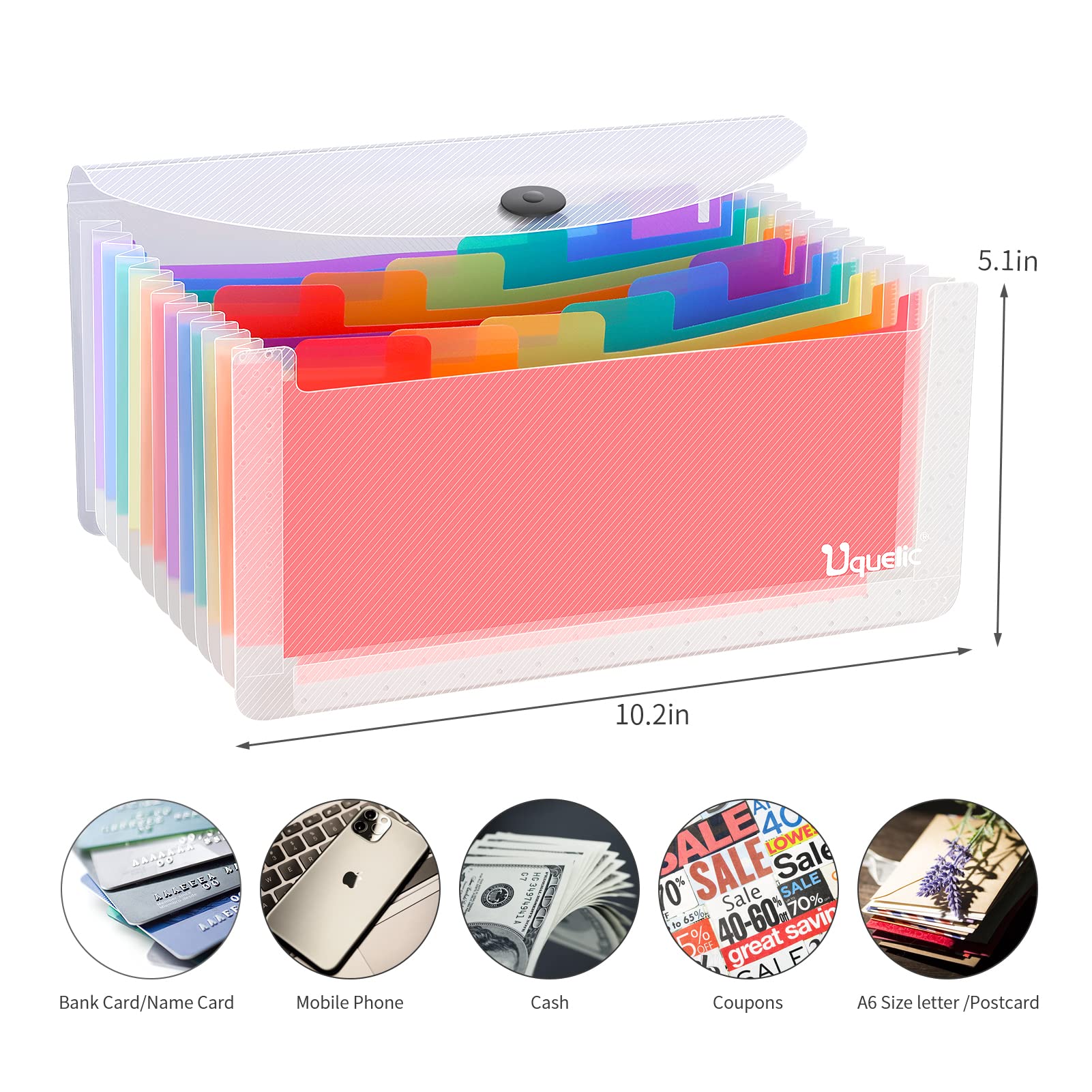 Uquelic 13-Pocket Expanding Accordion Receipt Organizer - Large Capacity Coupon & Sticker Holder, Envelope Organizer with Labels, 10 x 5 Inch - Perfect for Home Office, Small Business & Tax Filing Organization