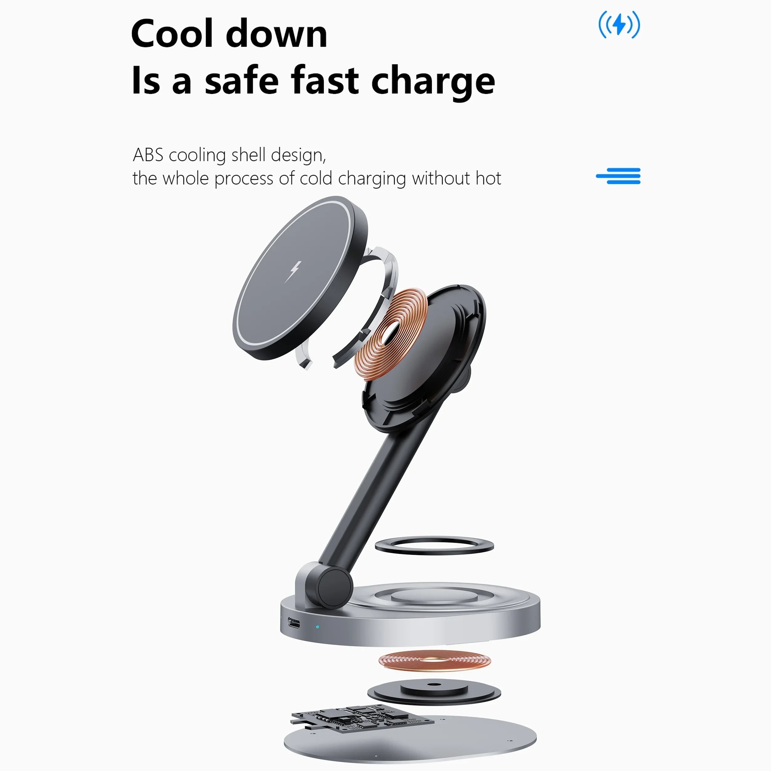 2 in 1 Wireless Charger Stand for iPhone & Android - Fast Charging Phone Holder with LED Indicator for Bedroom, Office & Car (Black)