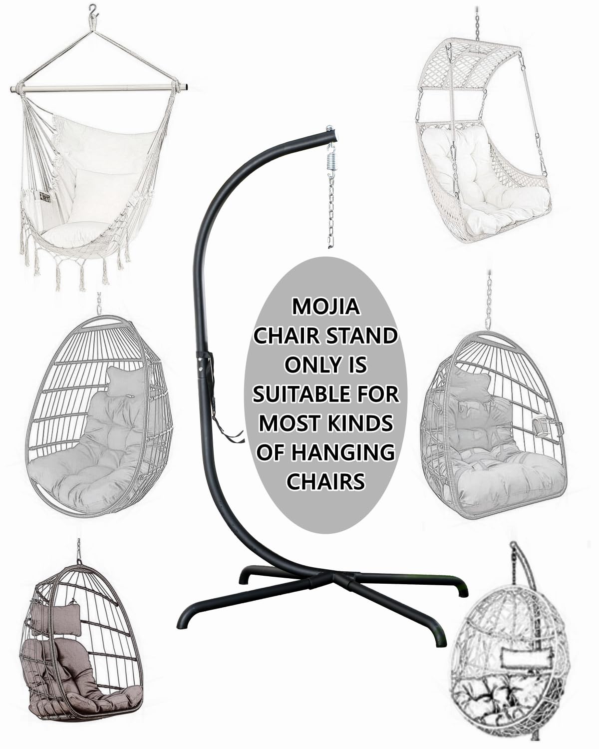 Hanging Egg Chair Stand Only - Heavy Duty 440lbs Capacity C-Stand with Chains & Hooks for Patio, Garden, Balcony - Includes Snap Hook, Pin Plug & Spring - Perfect for Outdoor Relaxation & Swing Chair Setup (Black)