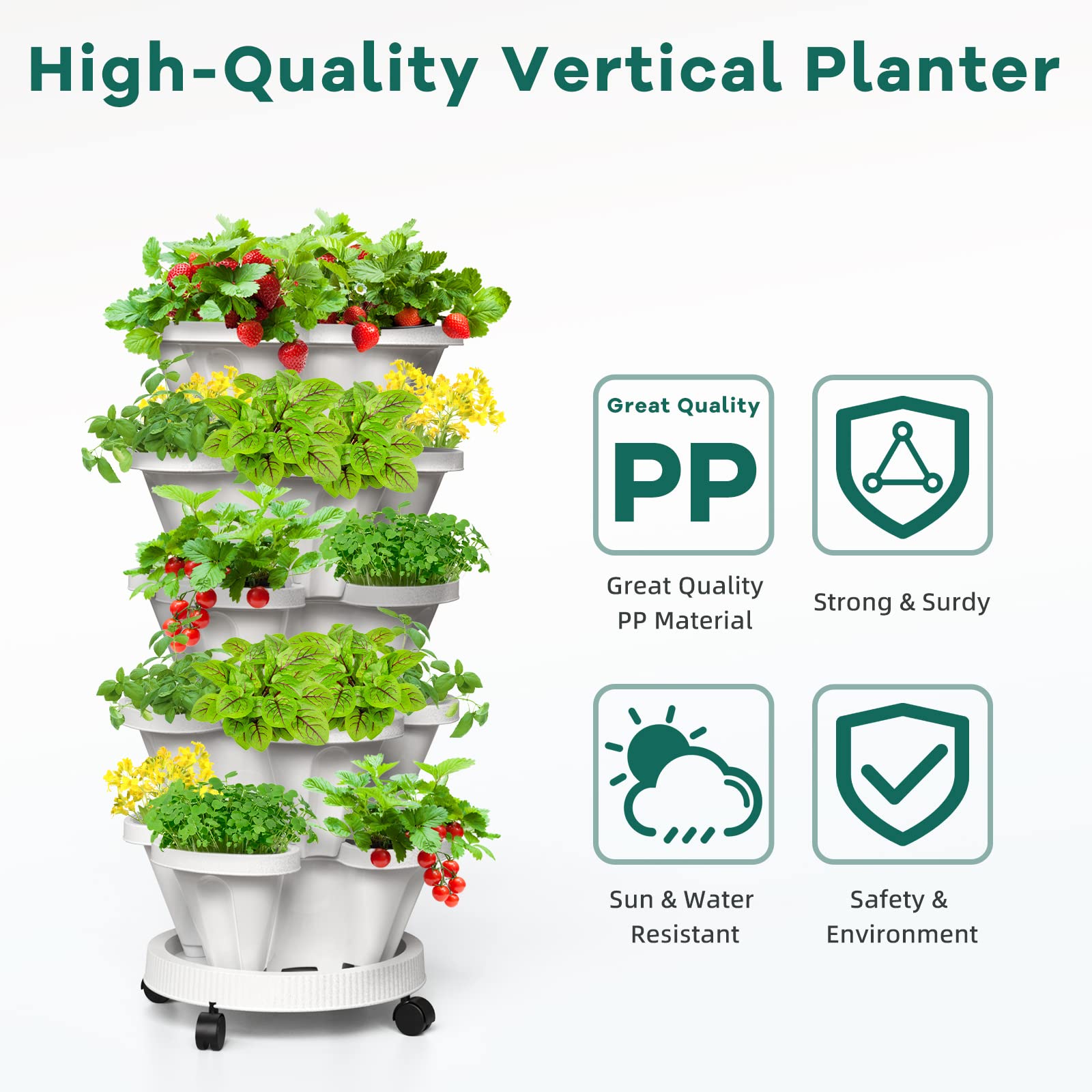 6 Tiered Strawberry Planter - Vertical Garden Tower with Support Pole | Stackable Herb & Vegetable Planter for Indoor/Outdoor Use | Perfect for Small Spaces, Balconies & Urban Gardening (Black)