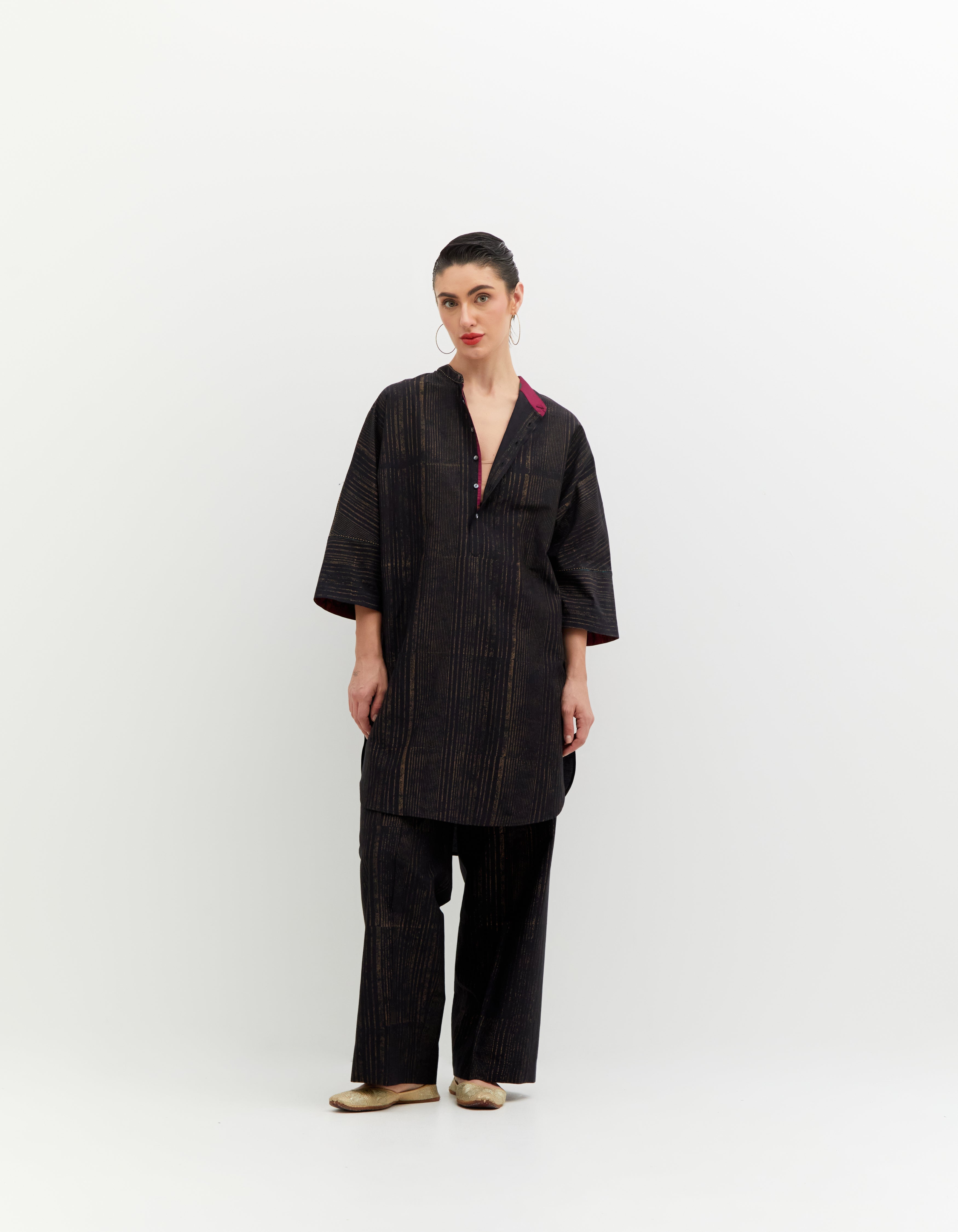 SD Noor Kurta - Premium Cotton Silk Blend Black & Gold Block Print Kurta for Men & Women | Perfect for Festivals, Weddings & Ethnic Wear