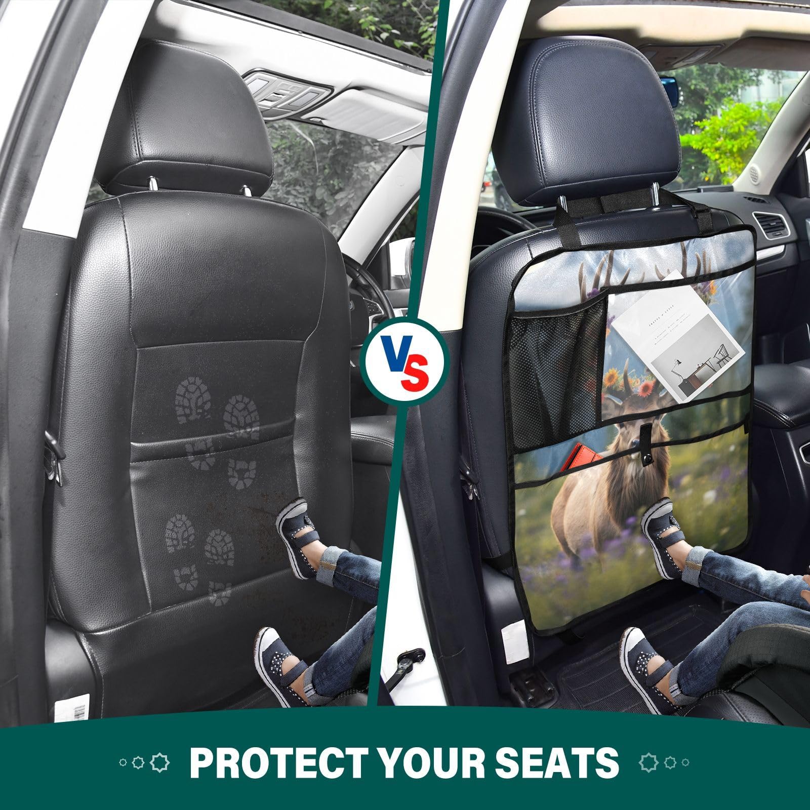 Bokkoy Wild Elk Backseat Car Organizer & Kick Mats - 2 Pack Waterproof Auto Seat Protector with Tablet Holder | Perfect for SUVs, Minivans & Family Road Trips