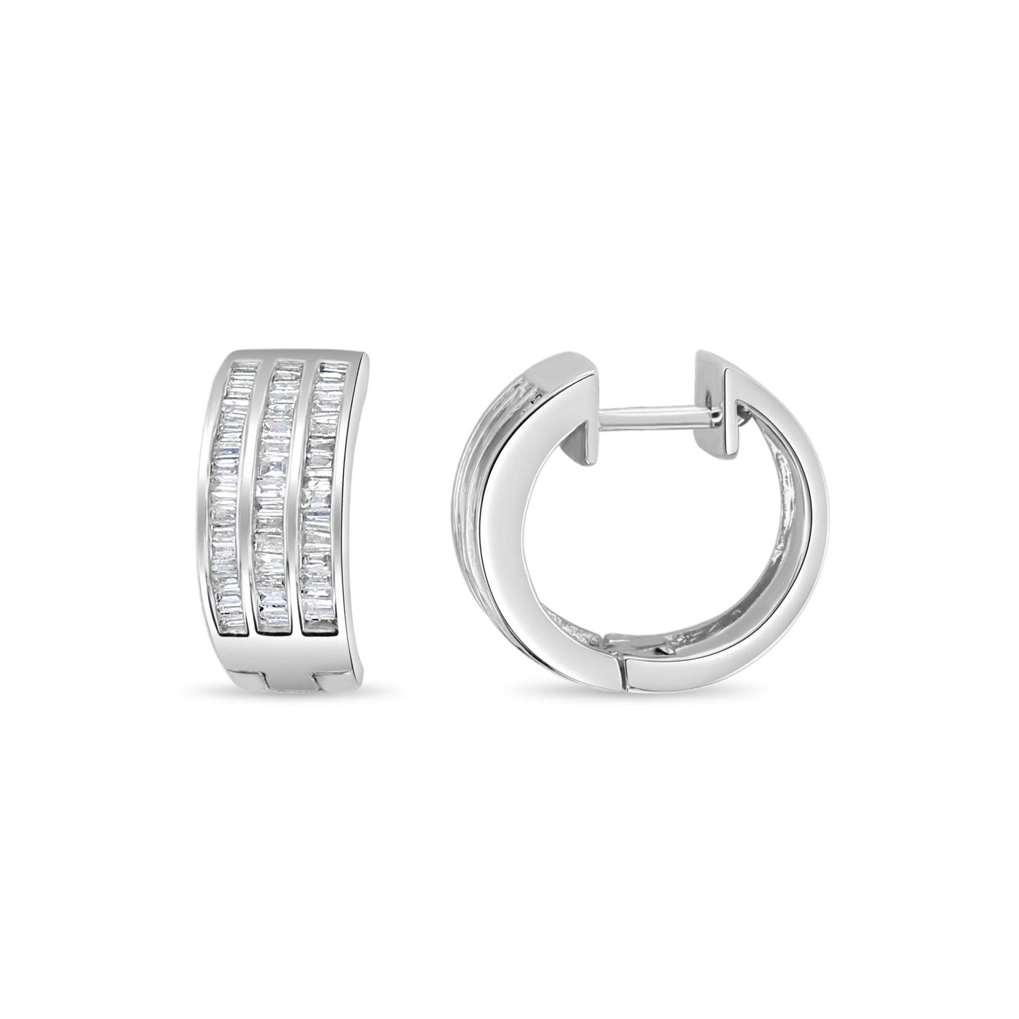 14K White Gold Diamond Baguette Huggie Earrings - 0.86cttw Sparkling Hoop Earrings for Women, Perfect for Weddings, Parties & Everyday Elegance