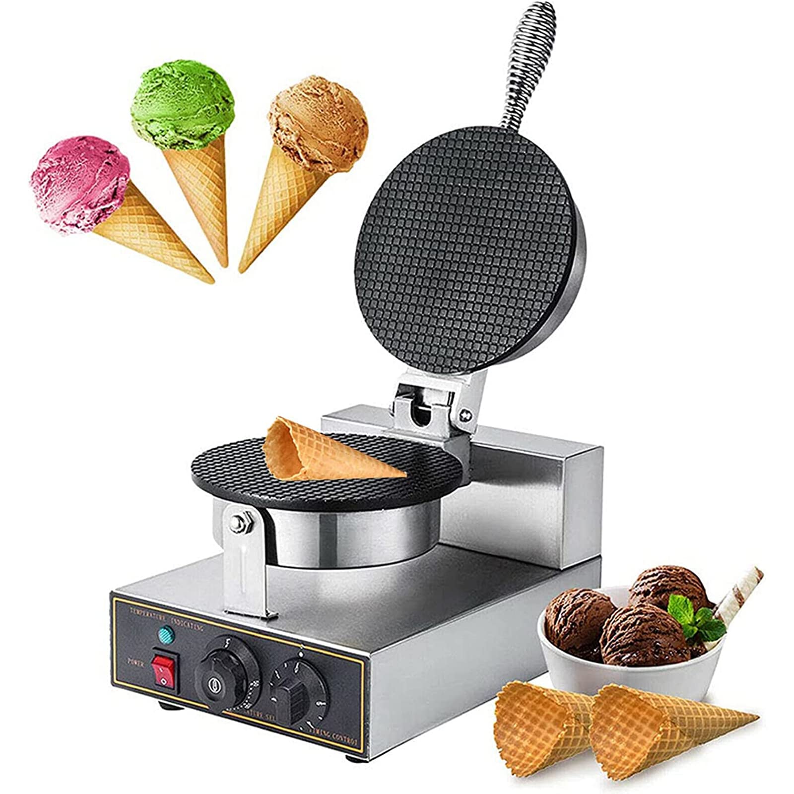 Commercial Waffle Cone Maker Machine - Adjustable Temperature & Timer, Single Head Egg Roll Baker for Ice Cream, Restaurants & Home Use (110V) - Perfect for Dessert Shops, Catering & DIY Treats