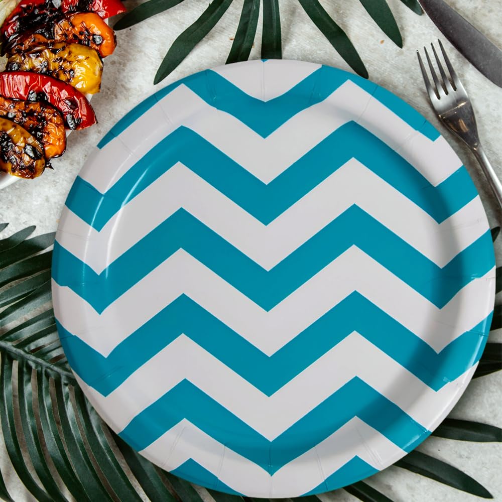 7-Inch Unique Chevron Round Dessert Paper Plates in Caribbean Teal - Perfect for Birthday Parties, Baby Showers & Elegant Events