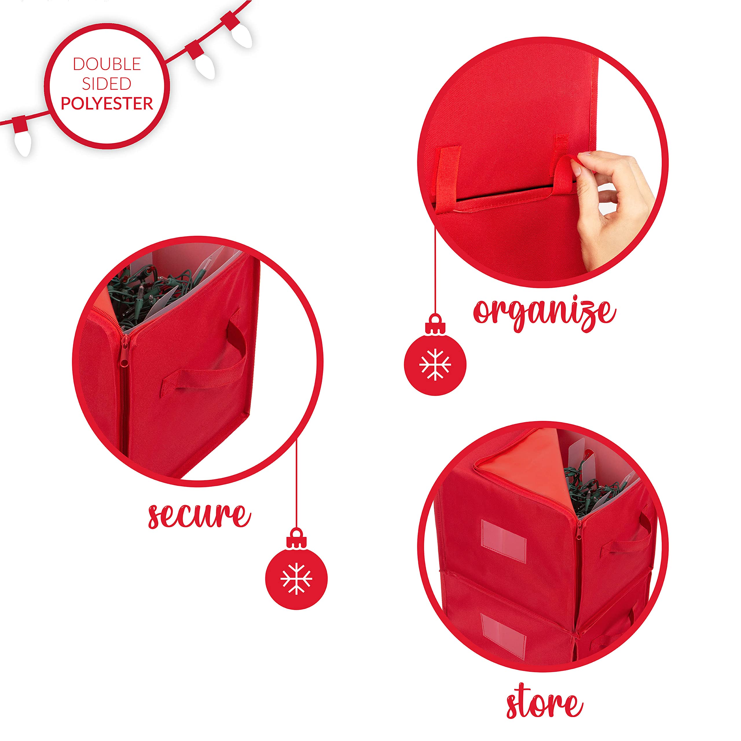 Holiday Light Organizer - Stores 500 Christmas Lights with Plastic Divider Reels | Collapsible Zippered Storage Box for Tree String Lights (Red) | Perfect for Holiday Decoration Storage & Organization