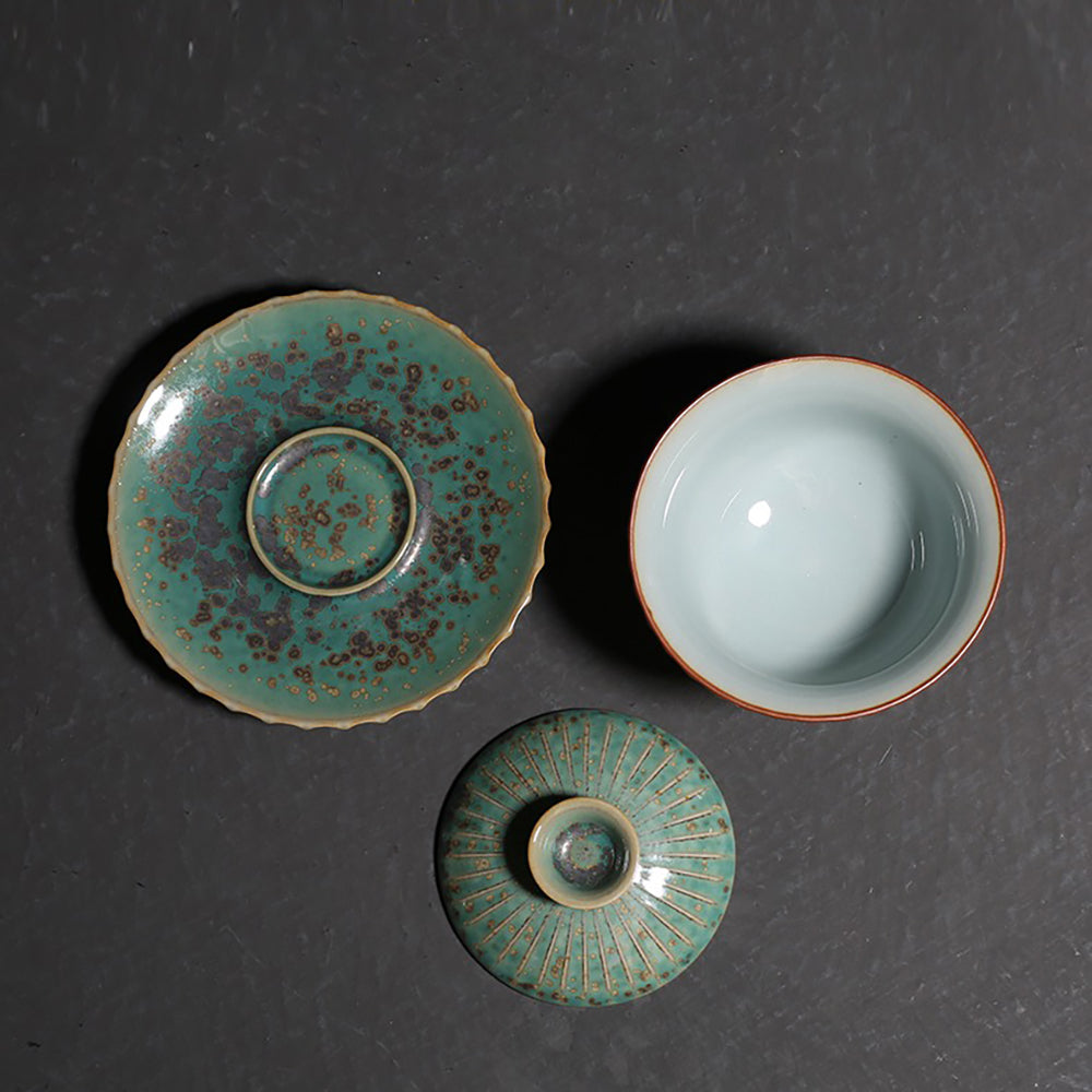 Japanese Jun Kiln Ceramic Petal-Shaped Gaiwan Tea Set - Traditional Chinese Tea Brewing Cup for Oolong, Pu-erh & Green Tea Lovers - Perfect for Home, Office & Tea Ceremonies