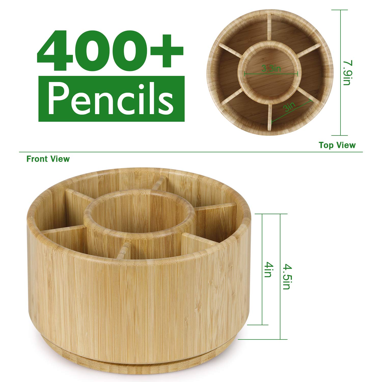 Bamboo Rotating Hexagon and Round Art Supply Organizer - 7 Compartment Desktop Storage Box for Pens, Colored Pencils, Art Brushes | Perfect for School, Office, Art Studio & Craft Room Organization