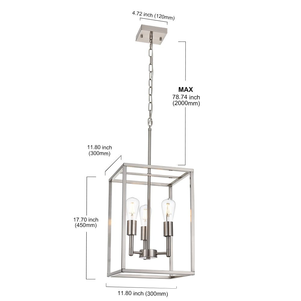 3-Light Brushed Nickel Chandelier - Industrial Pendant Lighting Fixture with Modern Metal Cage Design for Ceiling - Perfect for Foyer, Dining Room, Kitchen Island & Farmhouse Decor