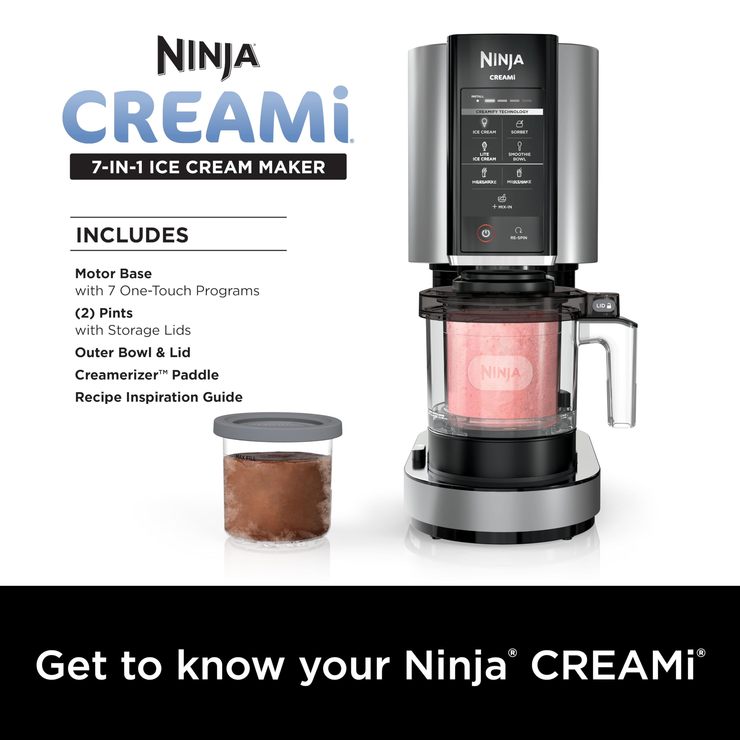 Ninja NC301 CREAMi Ice Cream Maker - 7 One-Touch Programs for Gelato, Sorbet, Milkshakes, Smoothie Bowls & More with 2 Pint Containers & Lids | Compact Frozen Dessert Machine for Home, Kitchen, Parties & Kids | Silver