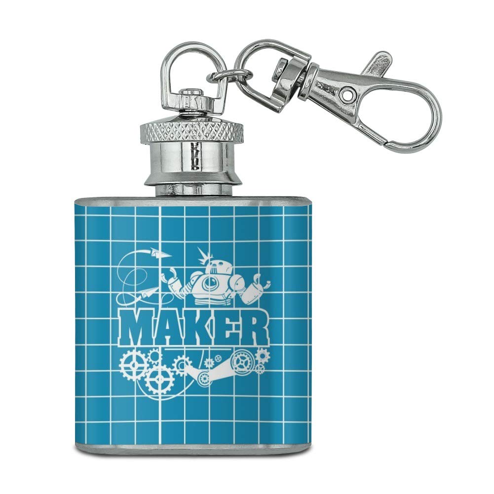 Stainless Steel 1oz Mini Flask Keychain with Robot & Gears - Maker Blueprint Design - Perfect for DIY Enthusiasts, Gifts & Everyday Carry