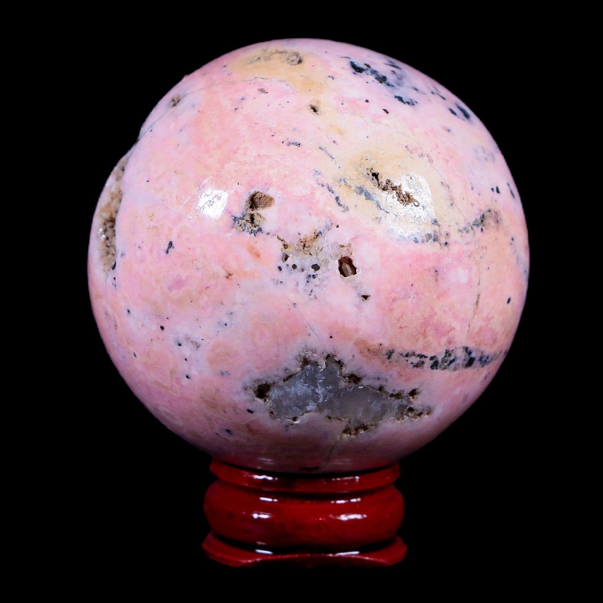 Natural Rhodonite Vug Crystal Sphere Ball - 52mm XL Size with Rosewood Stand from Peru - Perfect for Meditation, Healing, and Home Decor